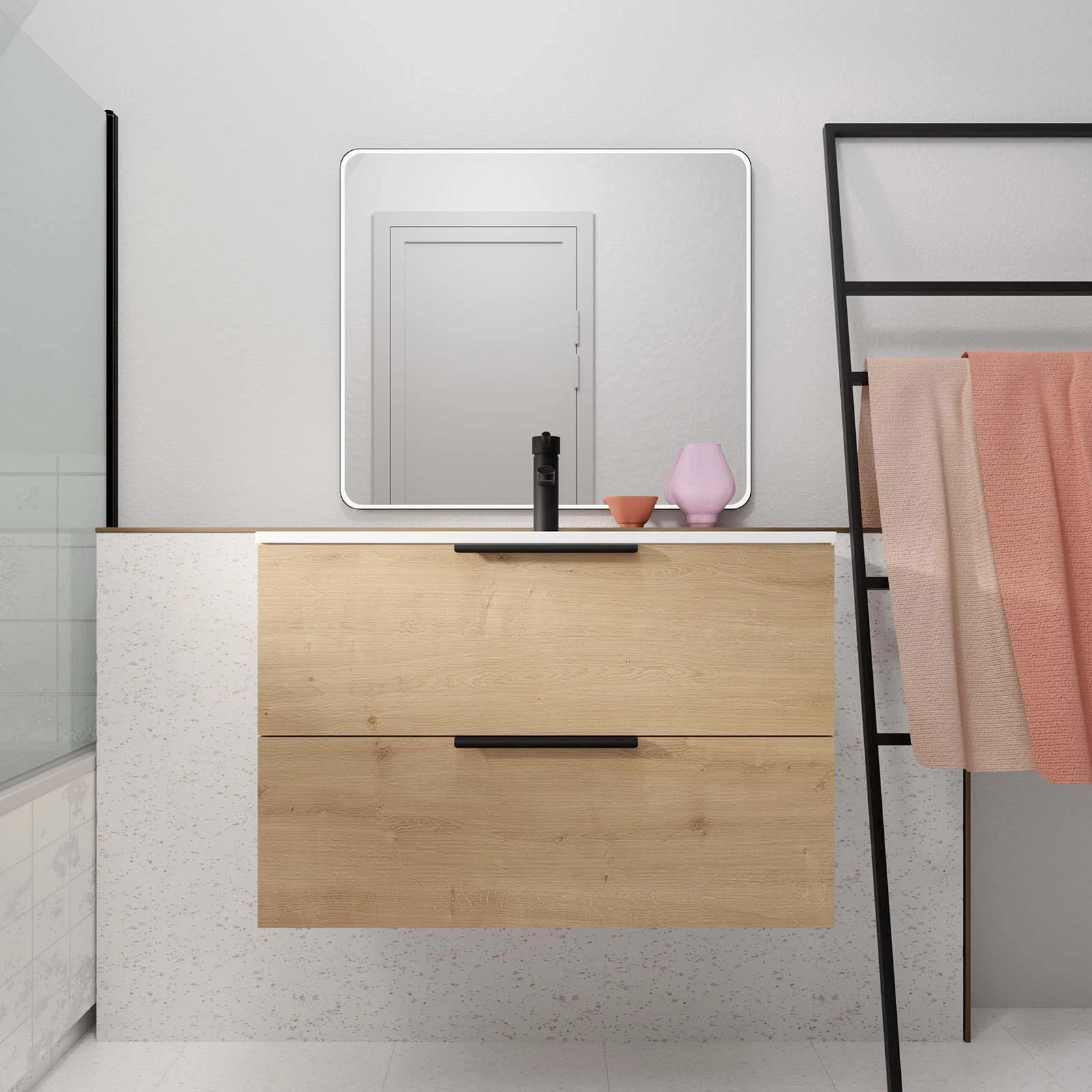 Meuble de Salle de Bains 60cm Suspendu Decor Bois Clair 2 Tiroirs - Vasque Blanche - ELEMENTARY