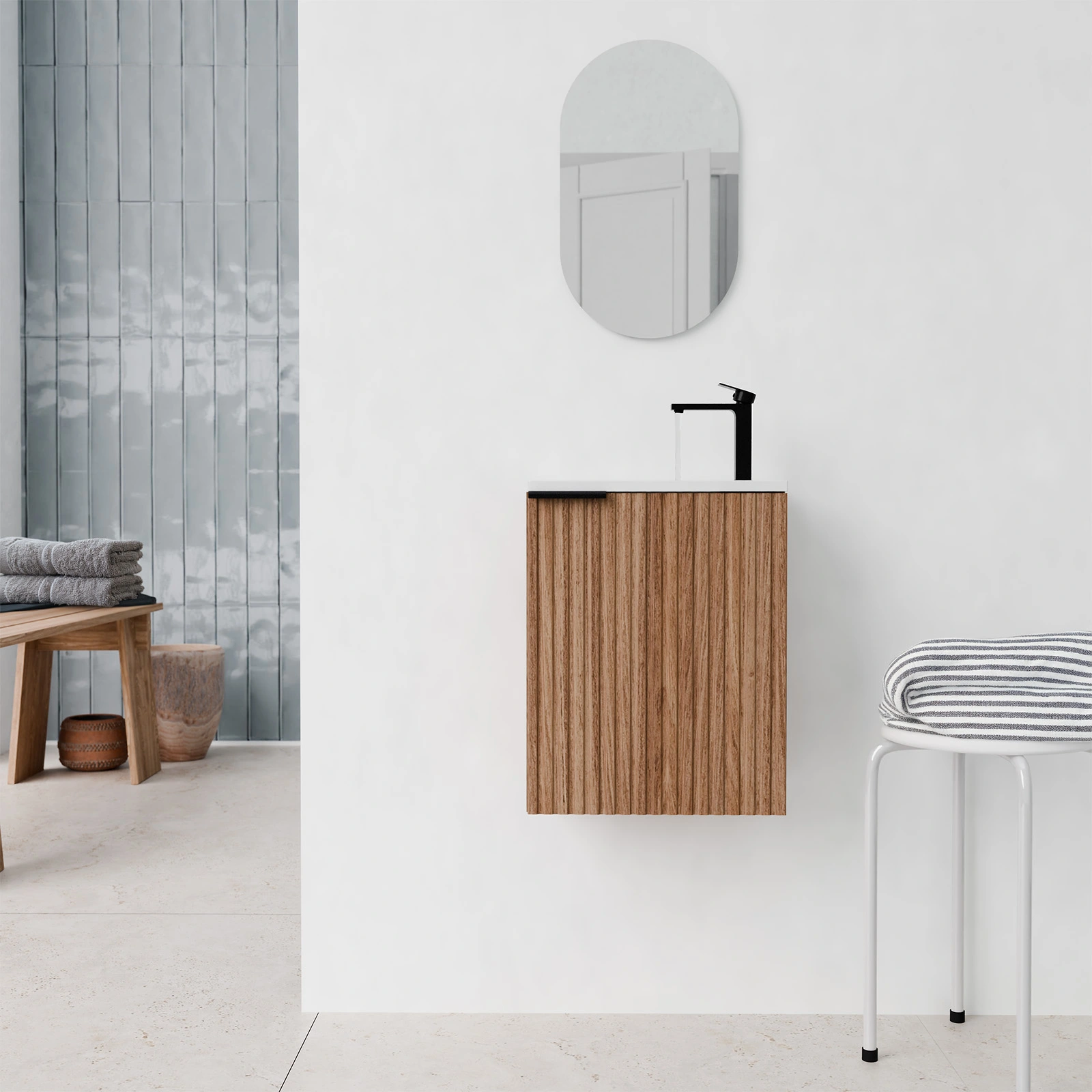 Ensemble meuble lave mains MDF ondulé bois 40x50x22cm et miroir ovale - MILO