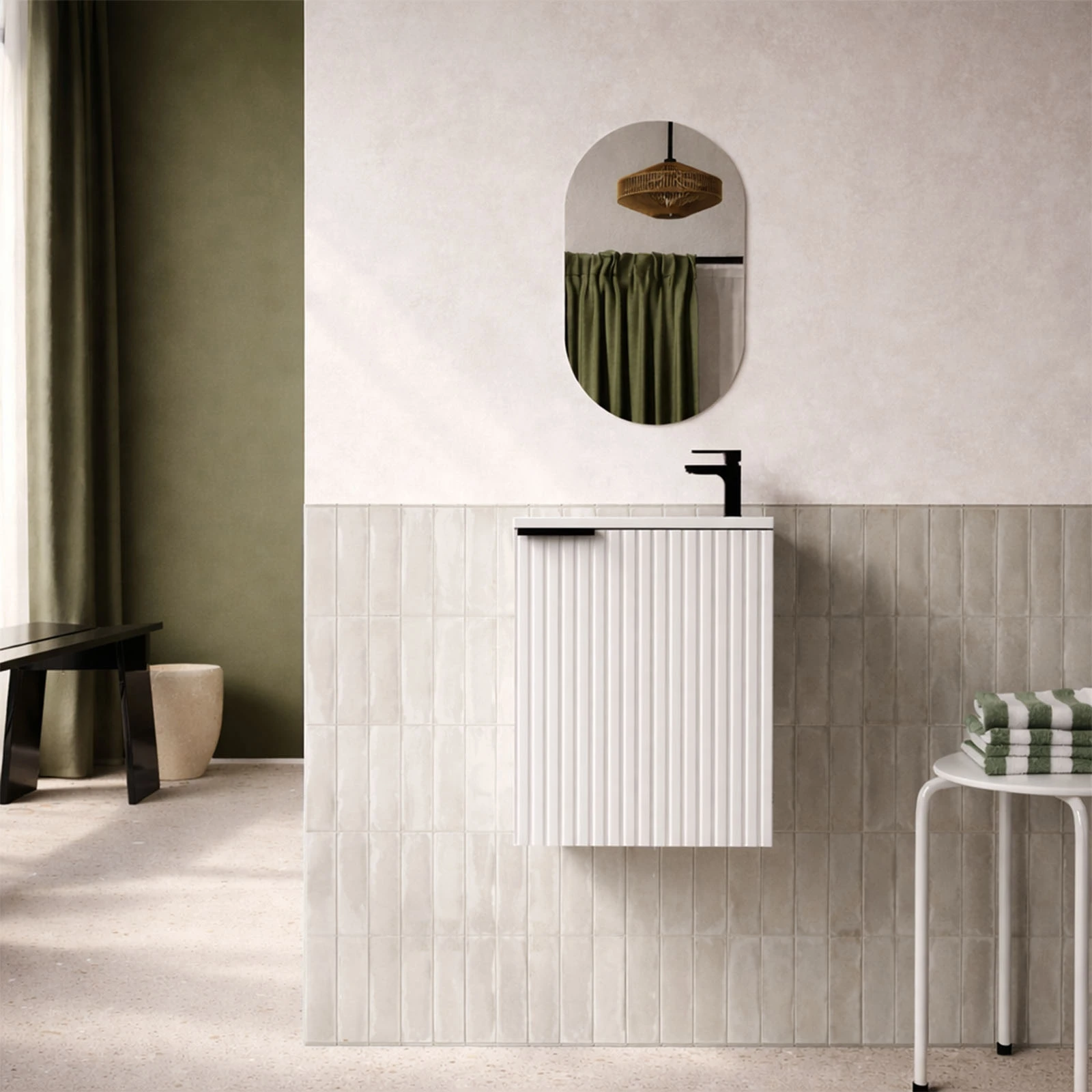 Ensemble meuble lave mains MDF ondulé blanc 40x50x22cm et miroir ovale - MILO