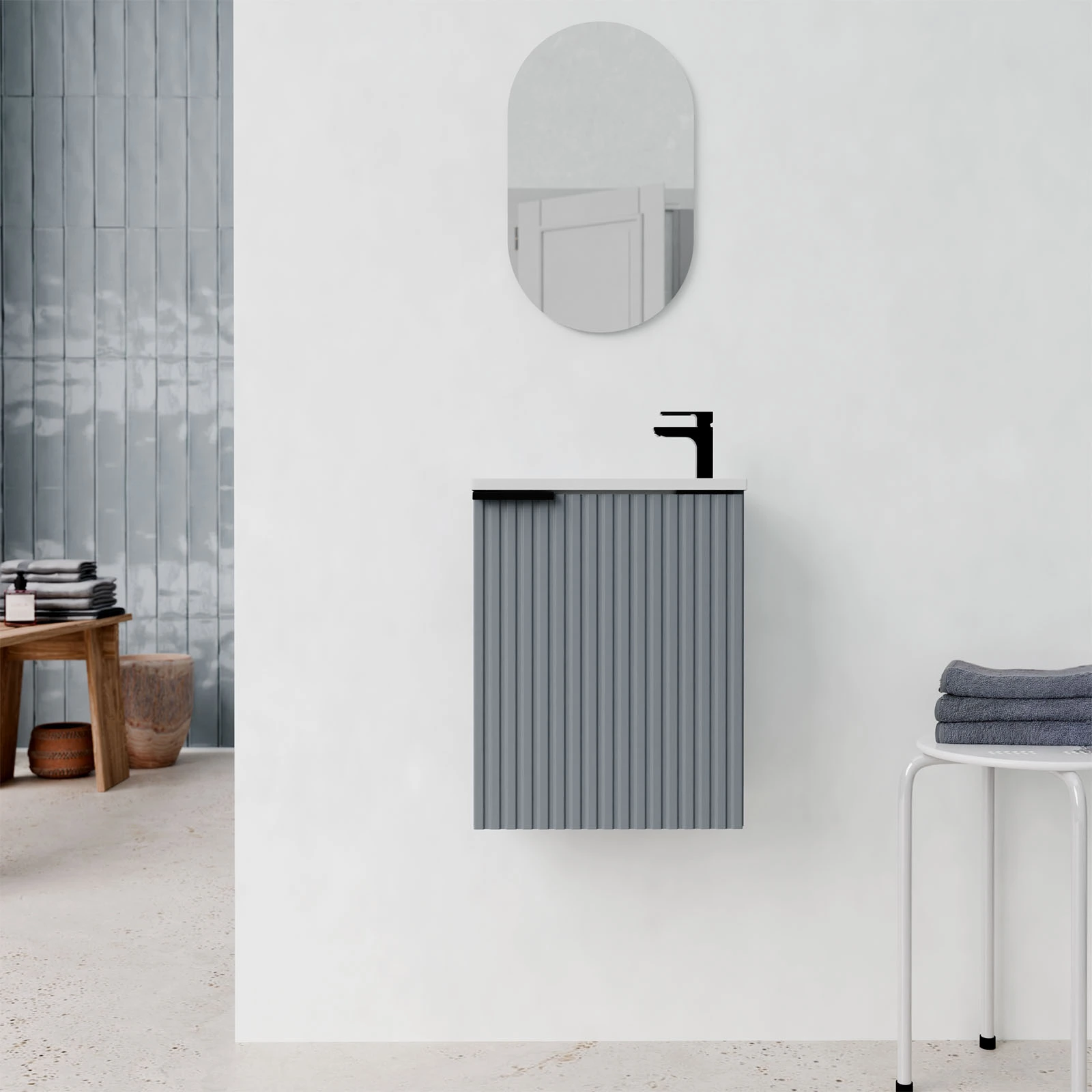 Ensemble meuble lave mains MDF ondulé gris 40x50x22cm et miroir ovale - MILO