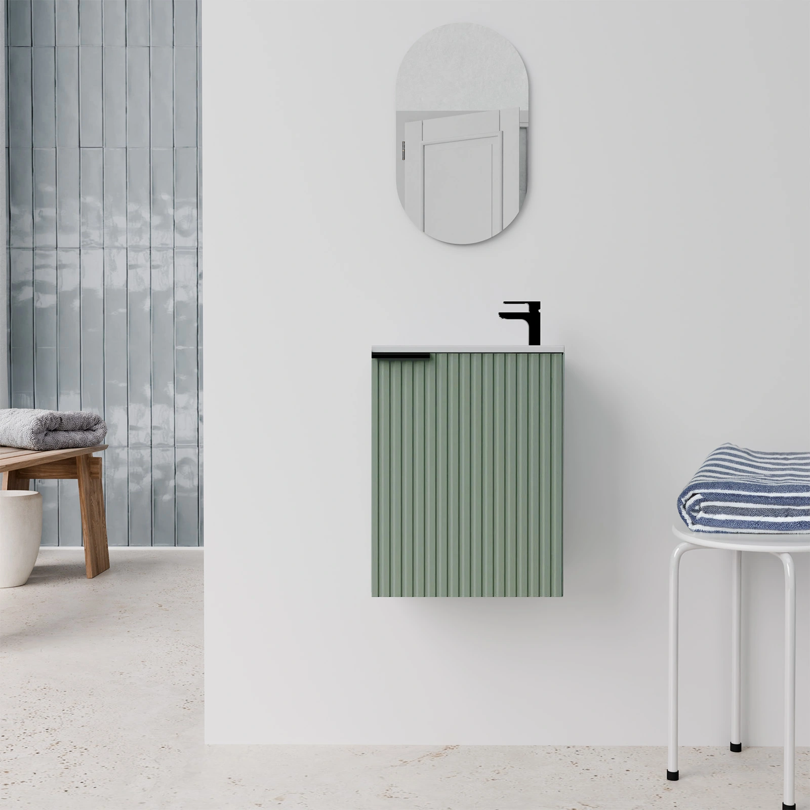 Ensemble meuble lave mains MDF ondulé vert 40x50x22cm et miroir ovale - MILO