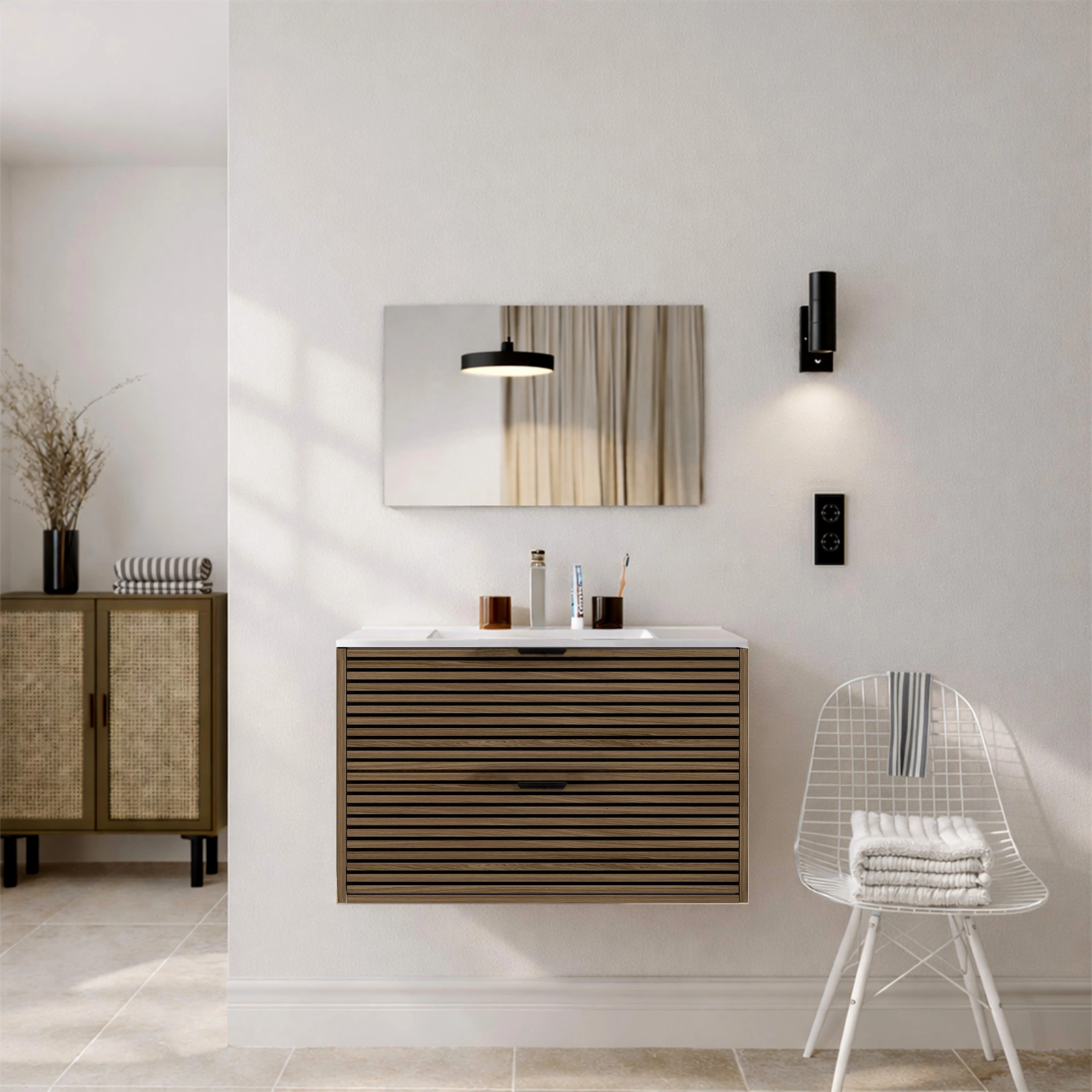 Meuble Salle de Bain Cranté Bois et Noir 80cm - 2 Tiroirs, Vasque et Miroir - MALO