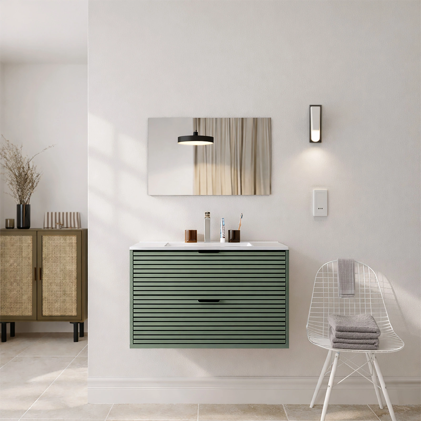 Meuble Salle de Bain Cranté Vert et Noir 80cm - 2 Tiroirs, Vasque et Miroir - MALO