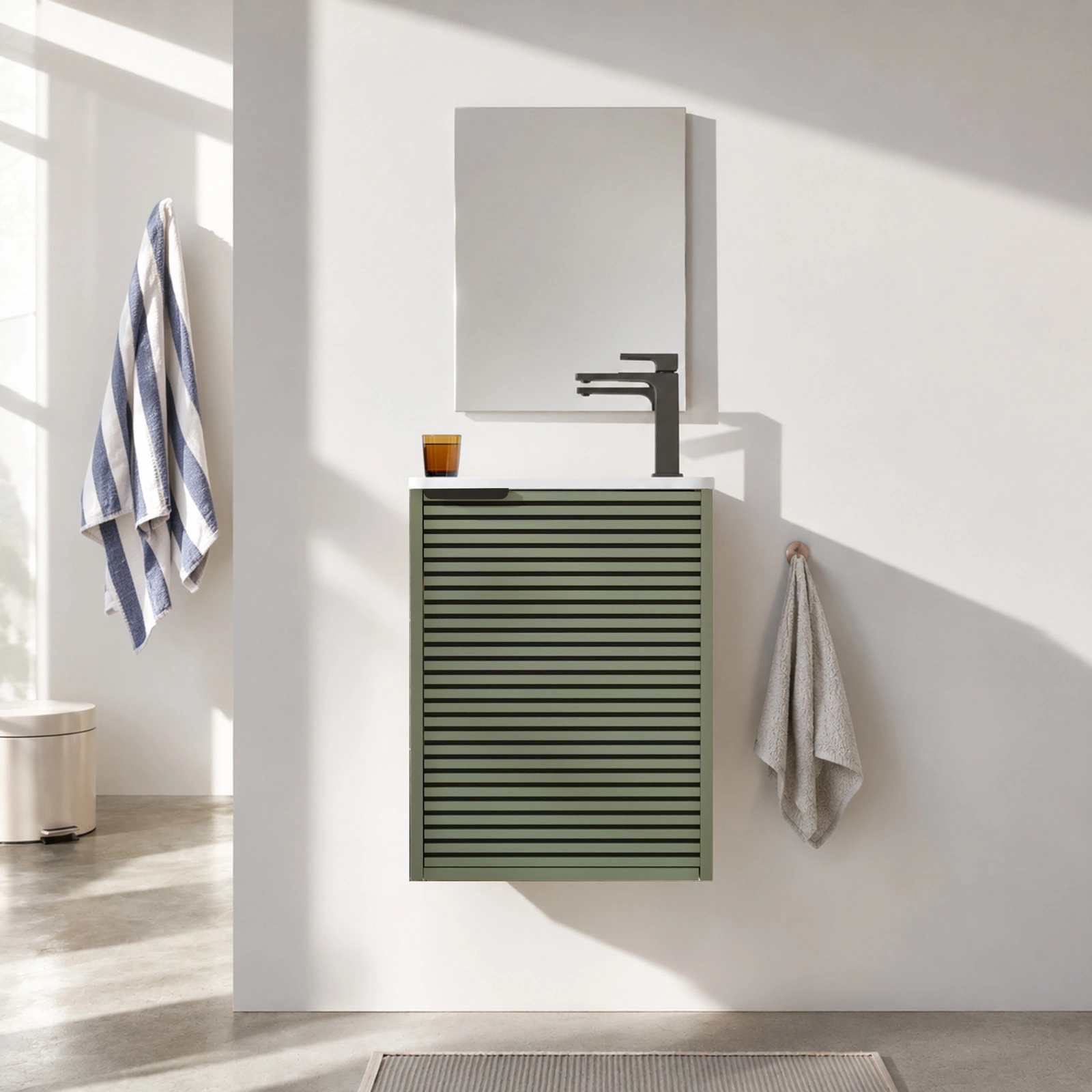 Ensemble Meuble Lave Mains Cranté Vert et Noir 40x50x22 cm - Vasque et Miroir - MALO