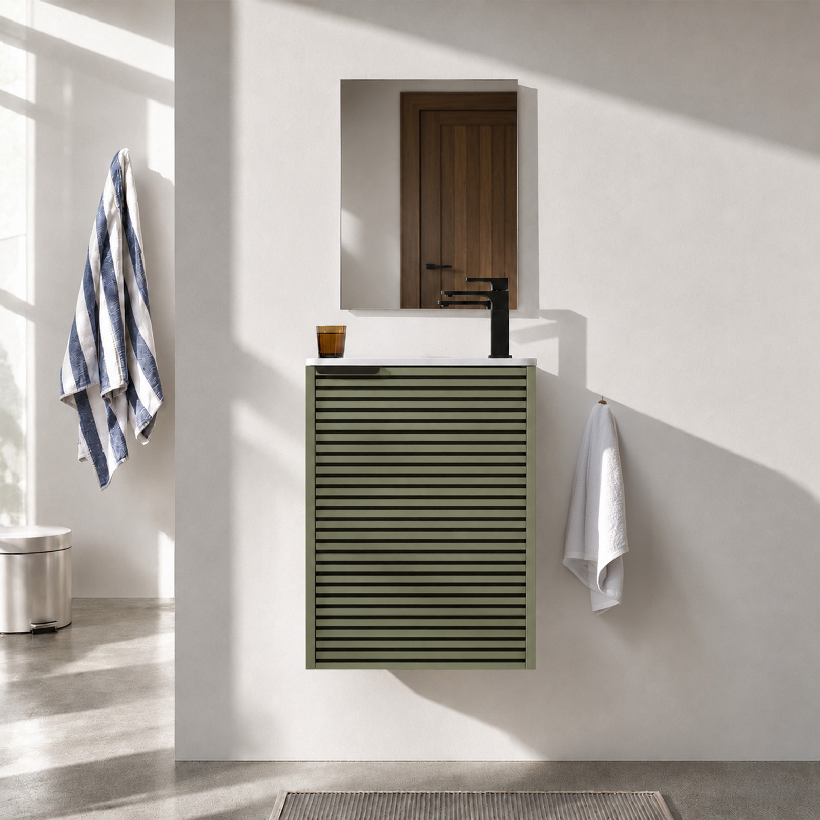 Ensemble Meuble Lave Mains Cranté Vert et Noir 40x50x22 cm - Vasque et Miroir - MALO