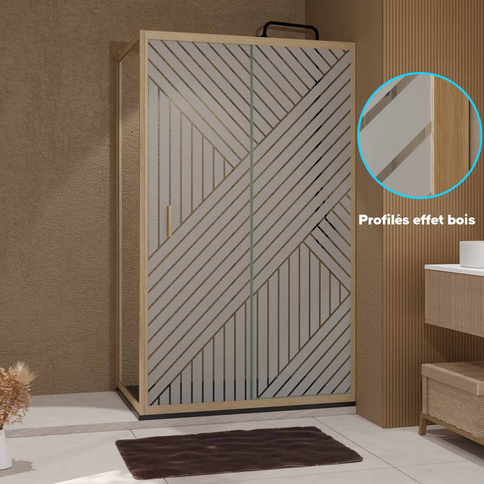 Porte de Douche Coulissante avec Retour 120x80x200cm Style Japandi Géométrique - Cadre Effet Bois