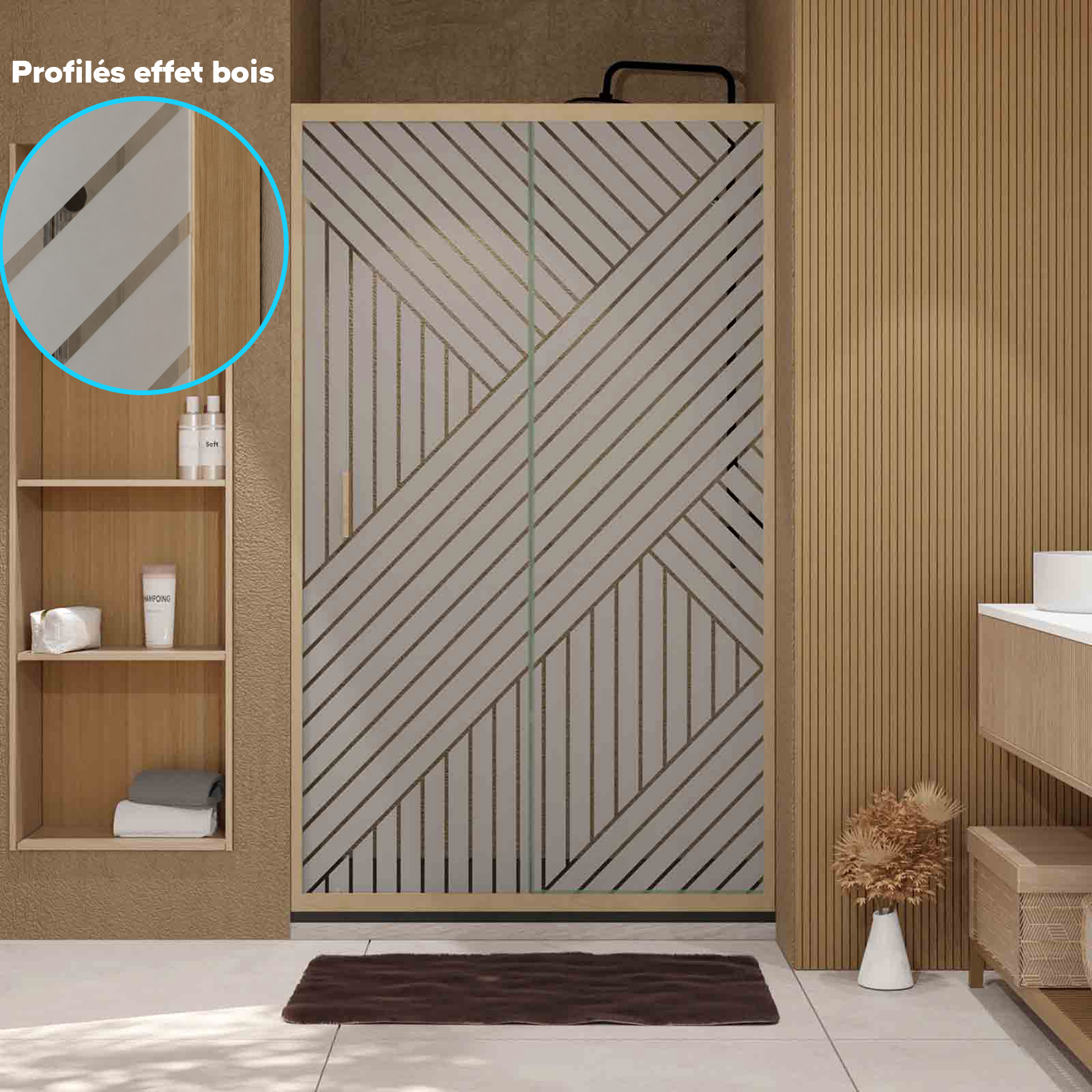 Porte de Douche Coulissante avec Retour 120x90x200cm Style Japandi Géométrique - Cadre Effet Bois