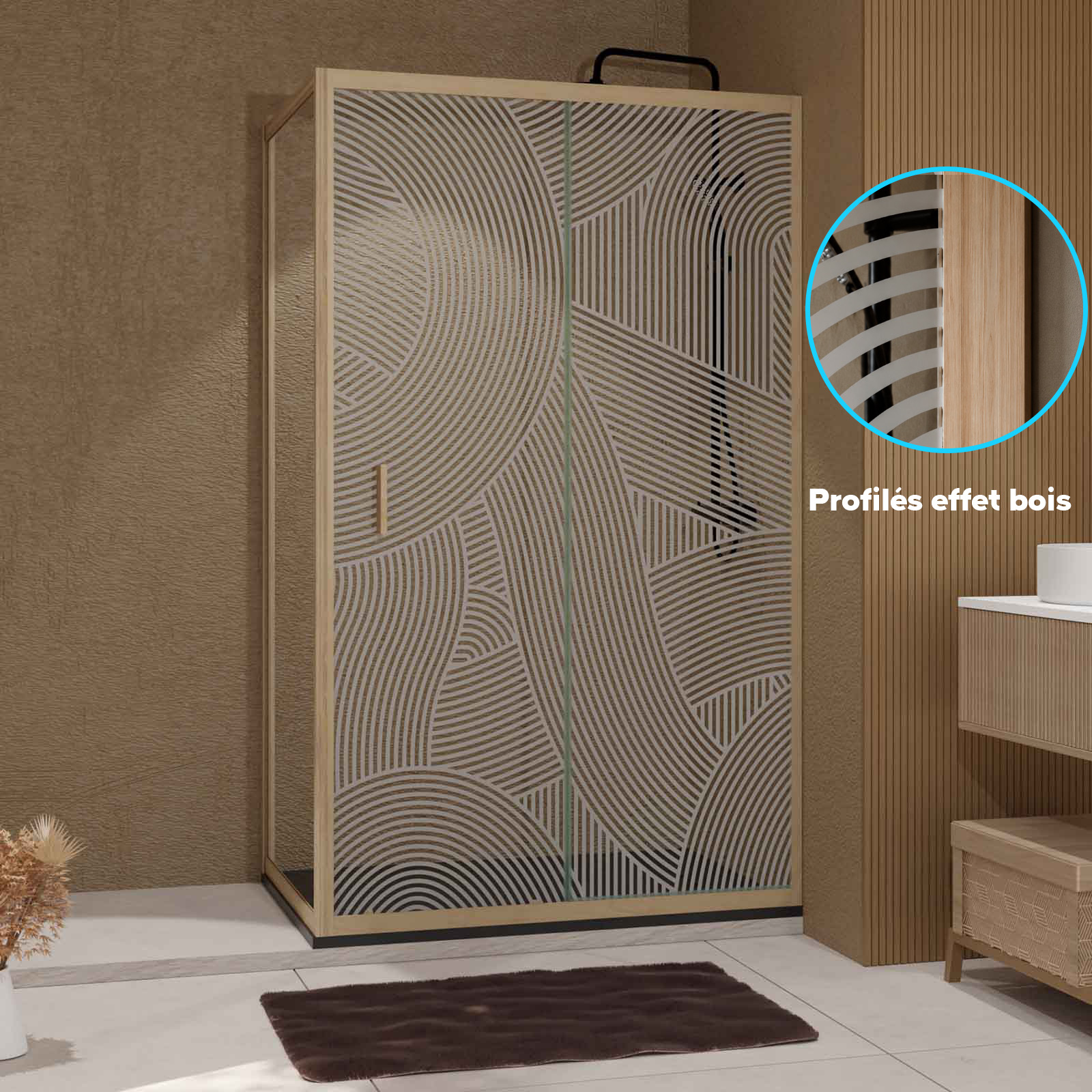 Porte de Douche Coulissante avec Retour 120x90x200cm Style Japandi Arrondi - Cadre Effet Bois