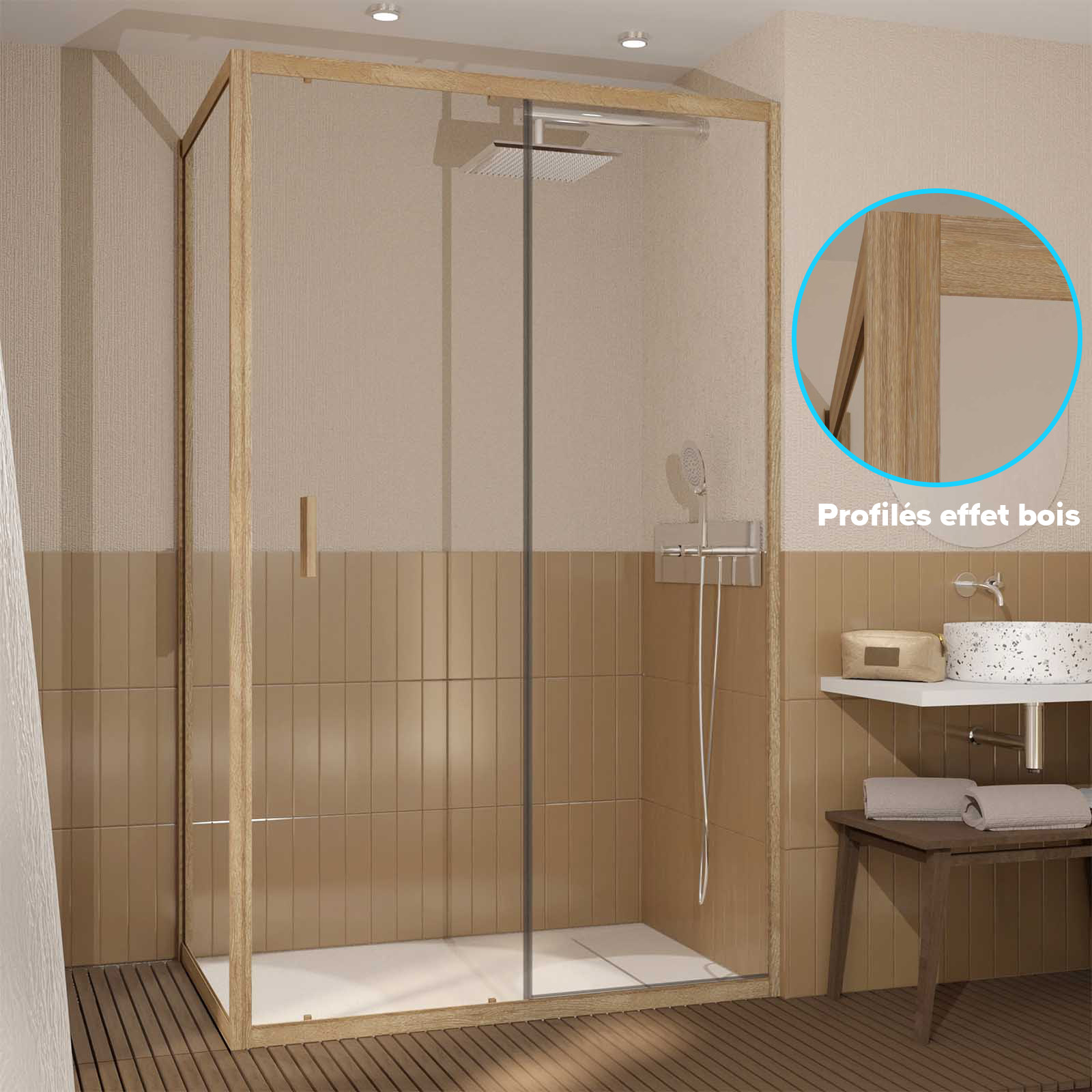 Porte de Douche Coulissante et Retour 120x90x200cm - Profilés Alu Effet Bois - Verre Trempé 6mm