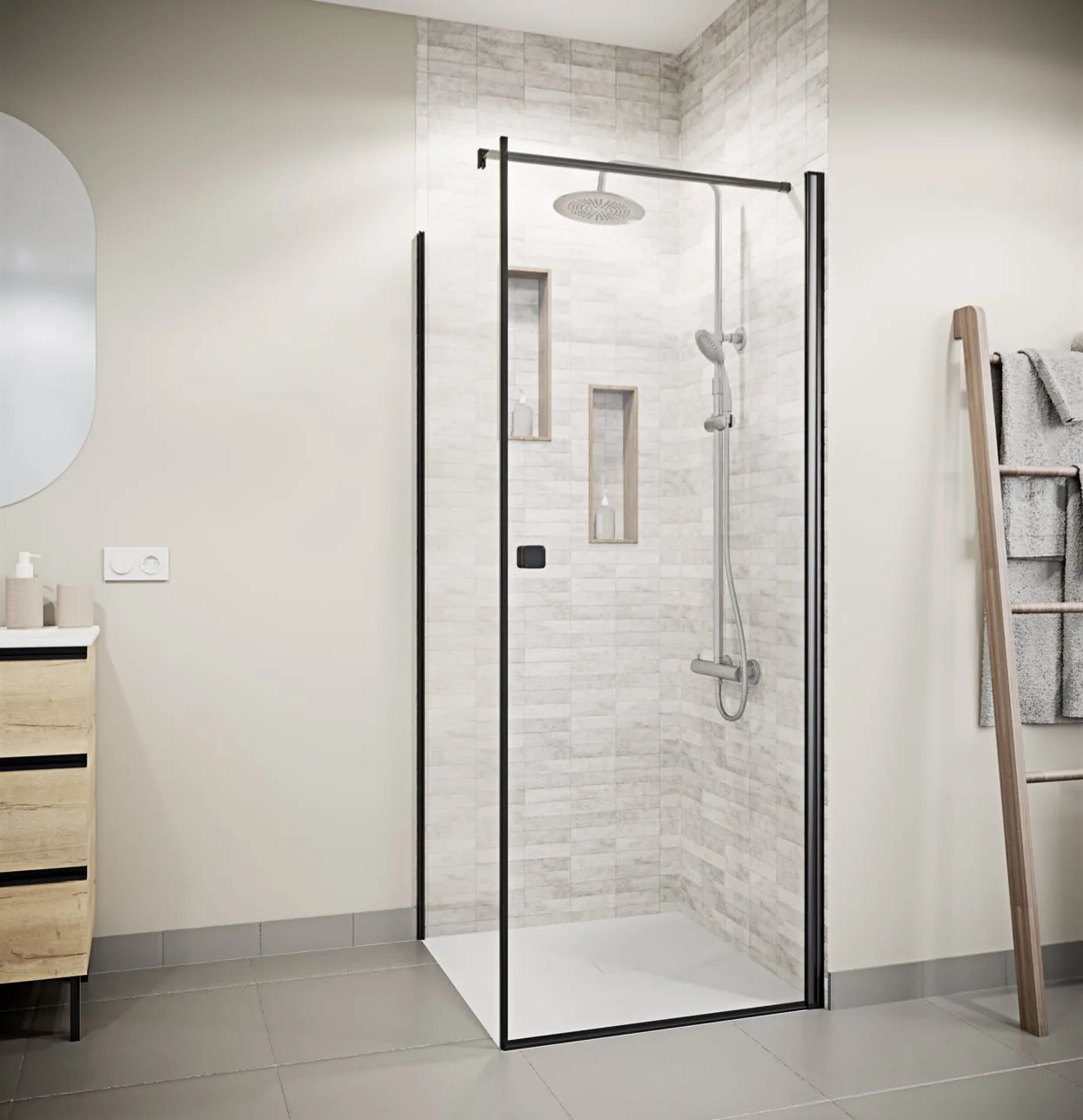 Porte de Douche Pivotante 90x180cm et Retour 90cm - Profil Noir - Verre 5mm - DARK ELEMENTARY