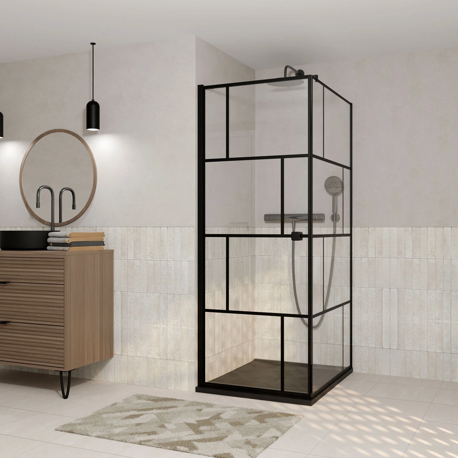 Porte de douche Pivotante 90x180cm et Retour 90cm Motif Brique Noir - Verre 8mm Anticalcaire