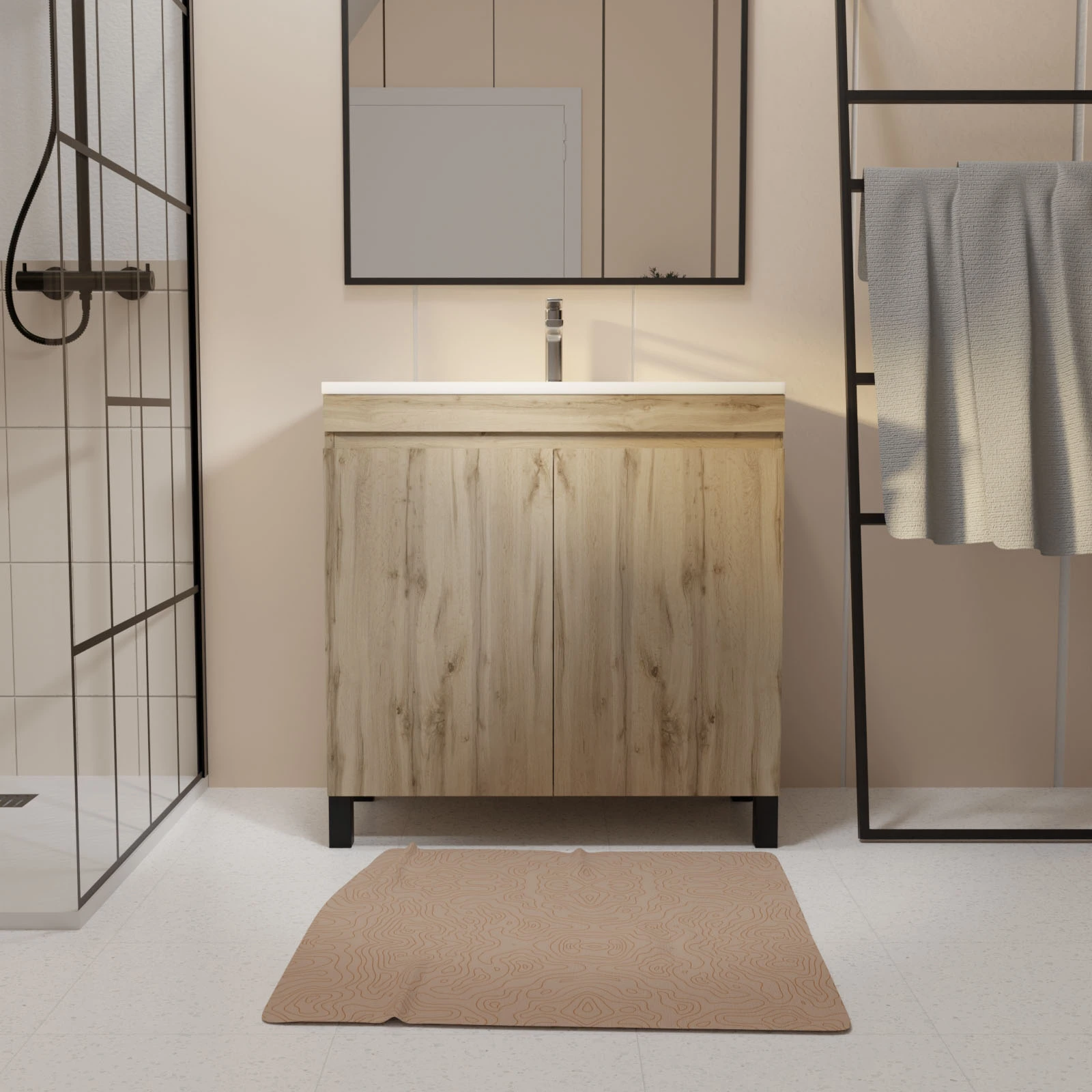 Meuble de salle de bains 80cm 2 Portes_Chêne Naturel + Vasque céramique blanche - TIMBER 80