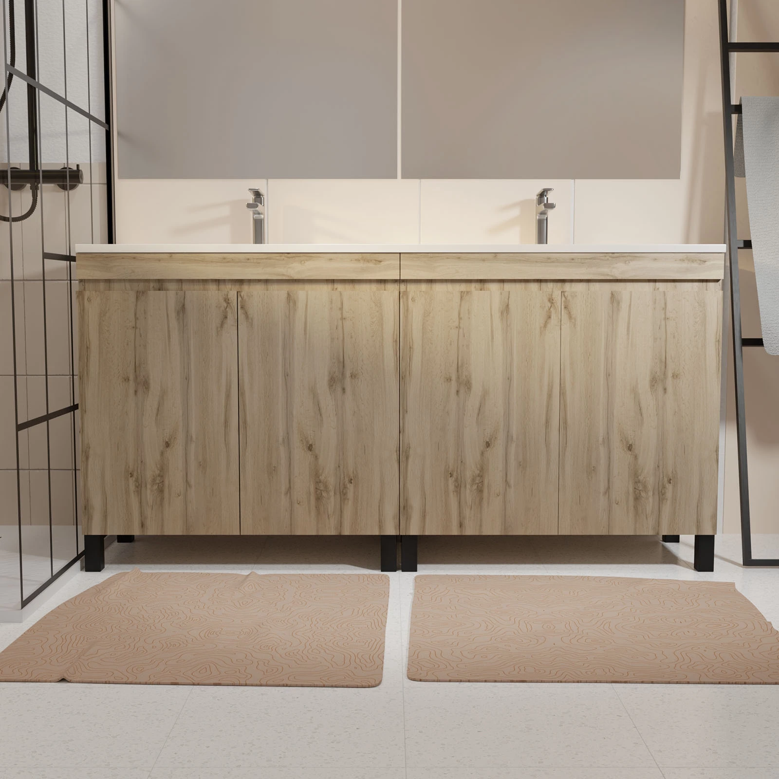 Meuble de salle de bains 120cm 4 Portes_Chêne Naturel + Vasque céramique blanche - TIMBER 120