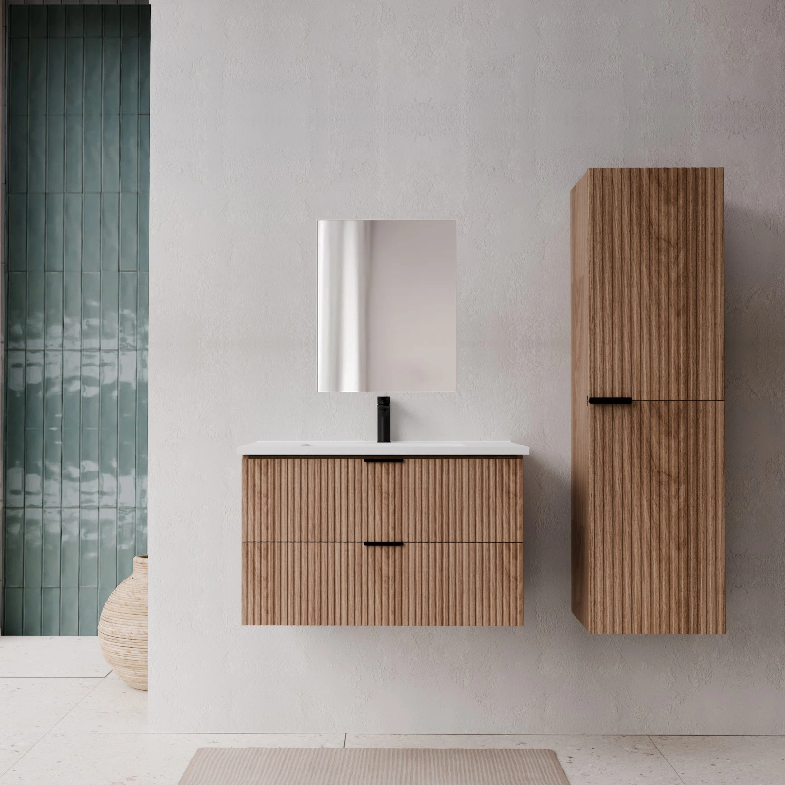 Pack Meuble salle de bain 60cm et Colonne de rangement - Façades Ondulées Décor Bois - MILO