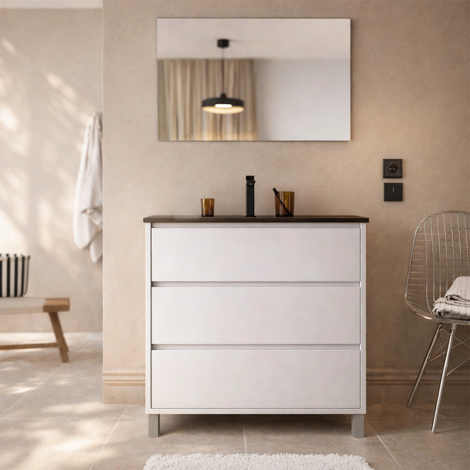 Meuble de salle de bains 80 cm Blanc 3 Tiroirs et Vasque Céramique Noire - XENOS