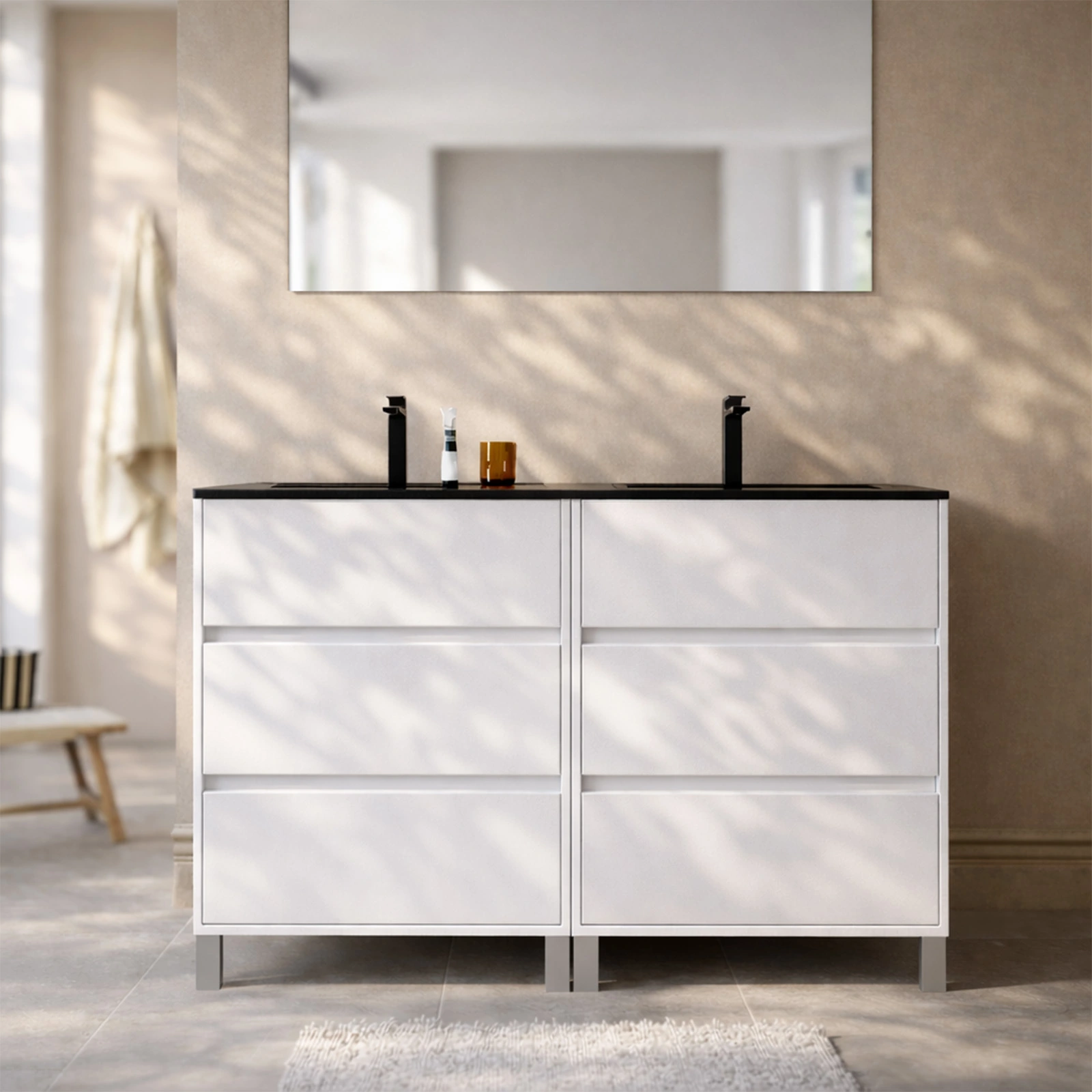 Meuble de salle de bains 120cm Blanc 6 Tiroirs et Vasque Double Céramique Noire - XENOS
