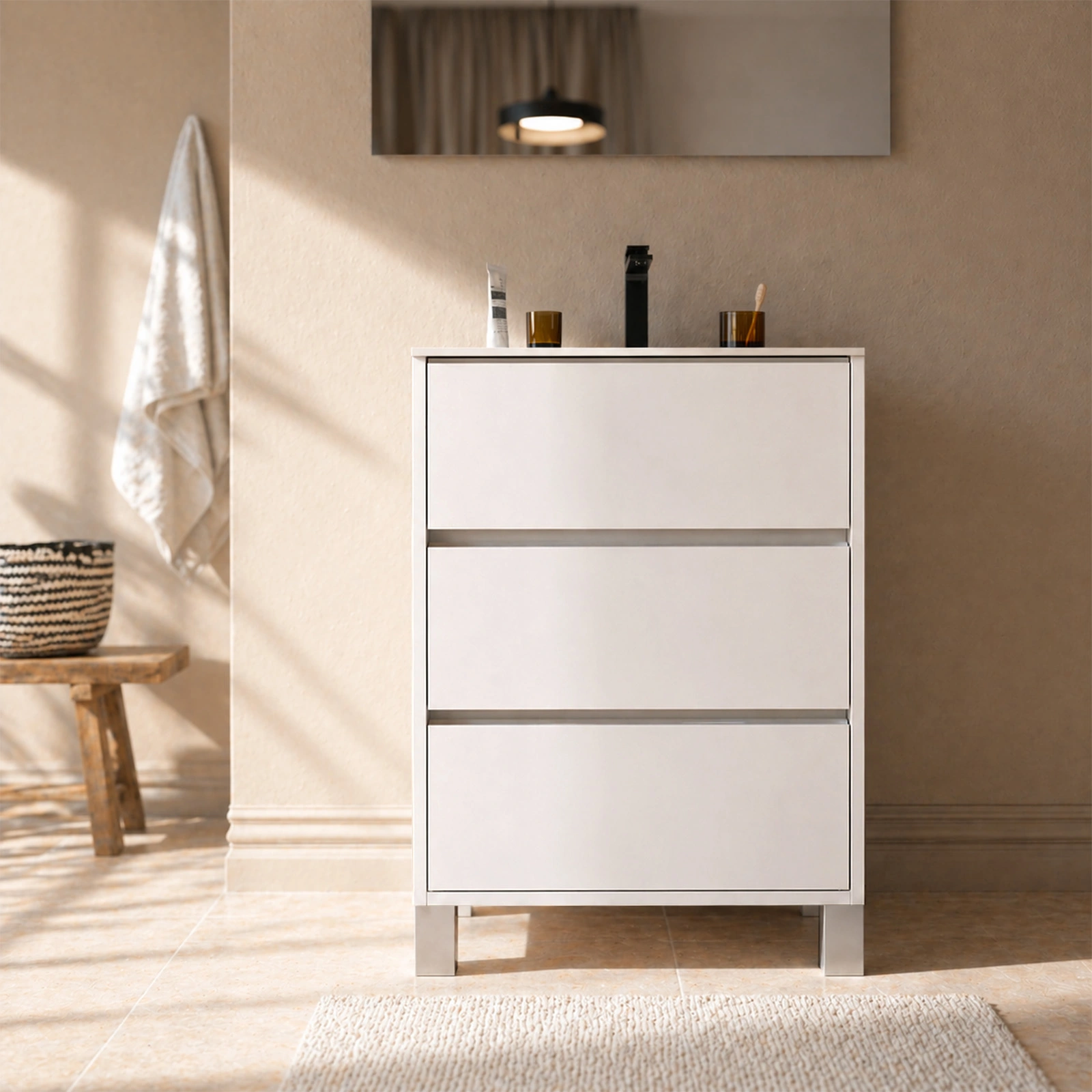 Pack Meuble Salle de Bains 50cm Laqué Blanc 3 Tiroirs avec Vasque Céramique Blanche - XENOS
