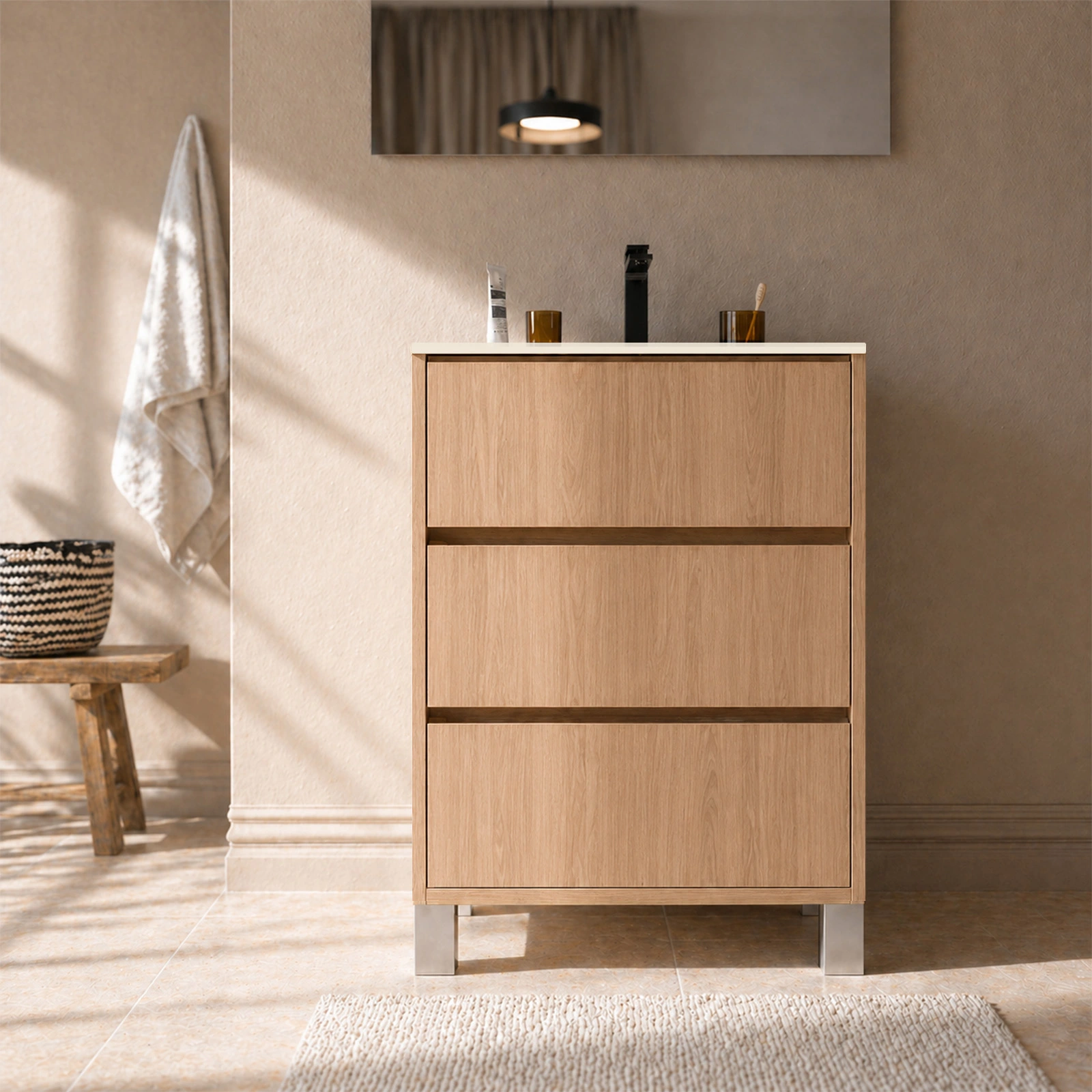 Pack Meuble Salle de Bains 50cm Chêne Clair 3 tiroirs avec Vasque Céramique Blanche - XENOS