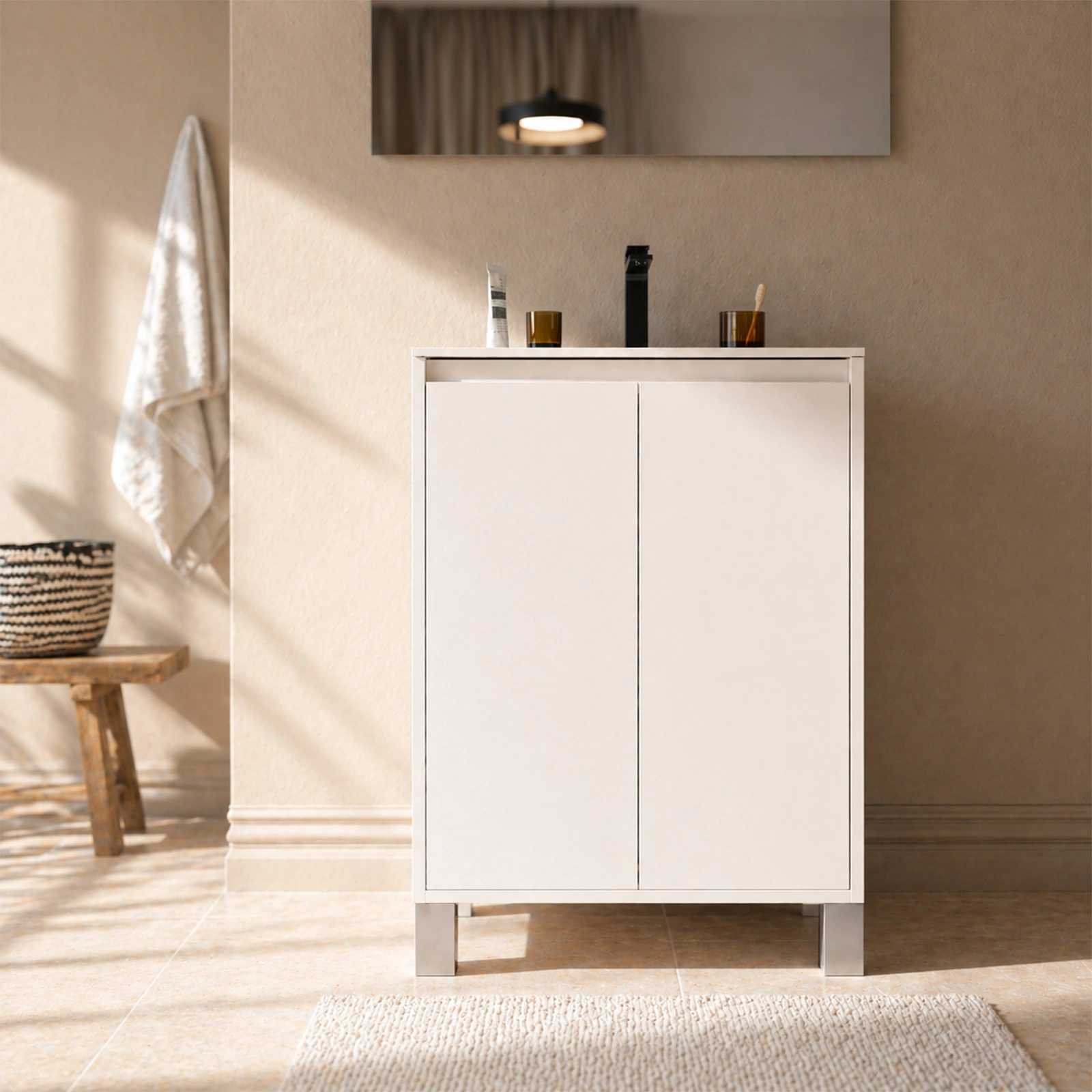 Pack Meuble Salle de Bains 70cm Laqué Blanc 2 Portes avec Vasque Céramique Blanche - XENOS
