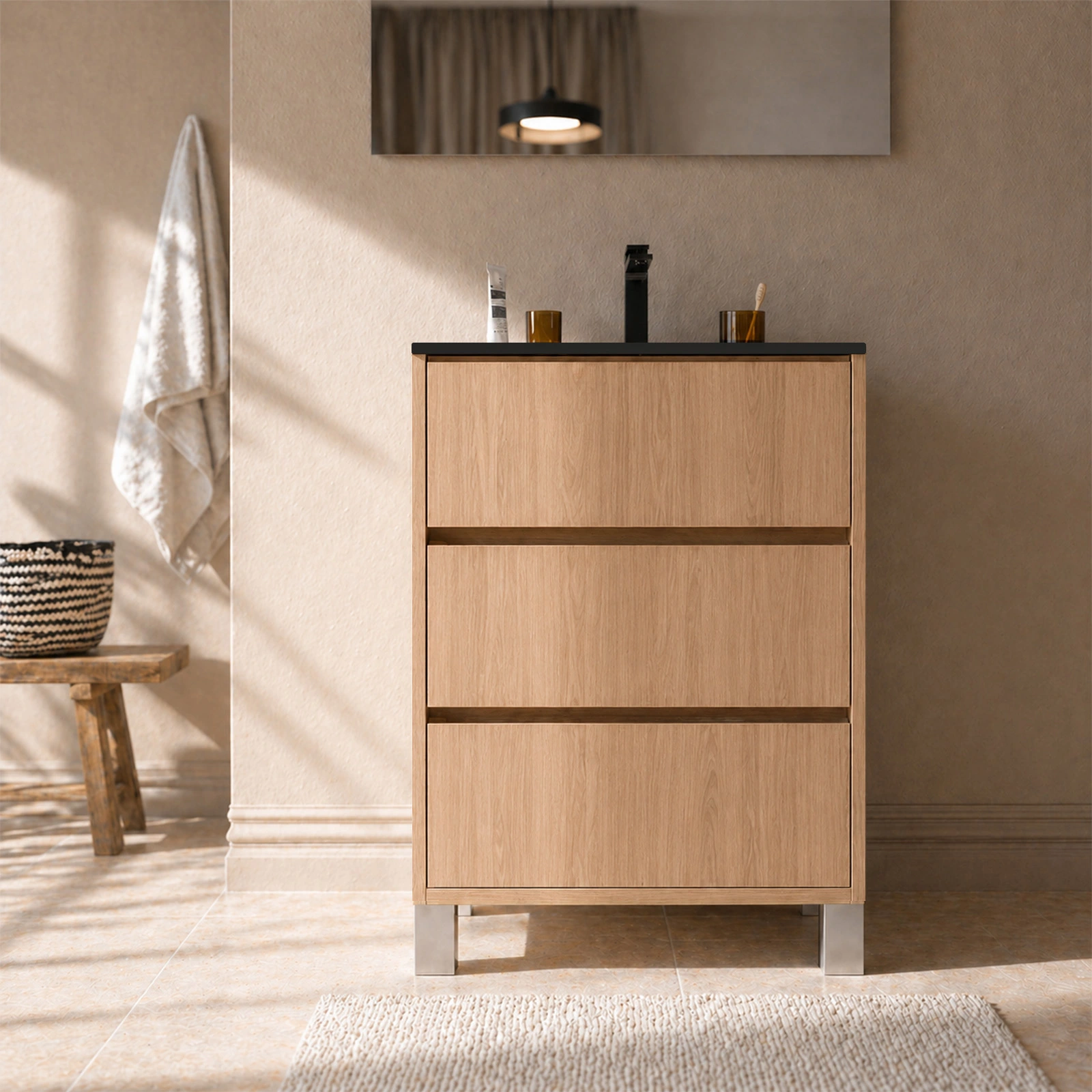 Pack Meuble Salle de Bains 70cm Chêne Clair 3 tiroirs avec Vasque Céramique Noire - XENOS