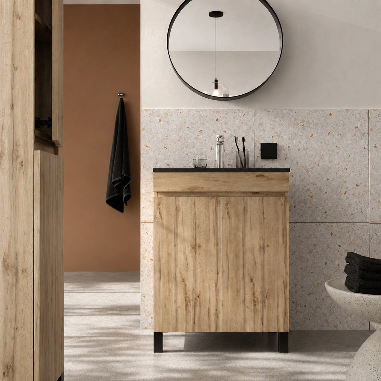 Pack Meuble Salle de Bains 50cm Chêne Naturel 2 Portes avec Vasque Céramique Noire - TIMBER