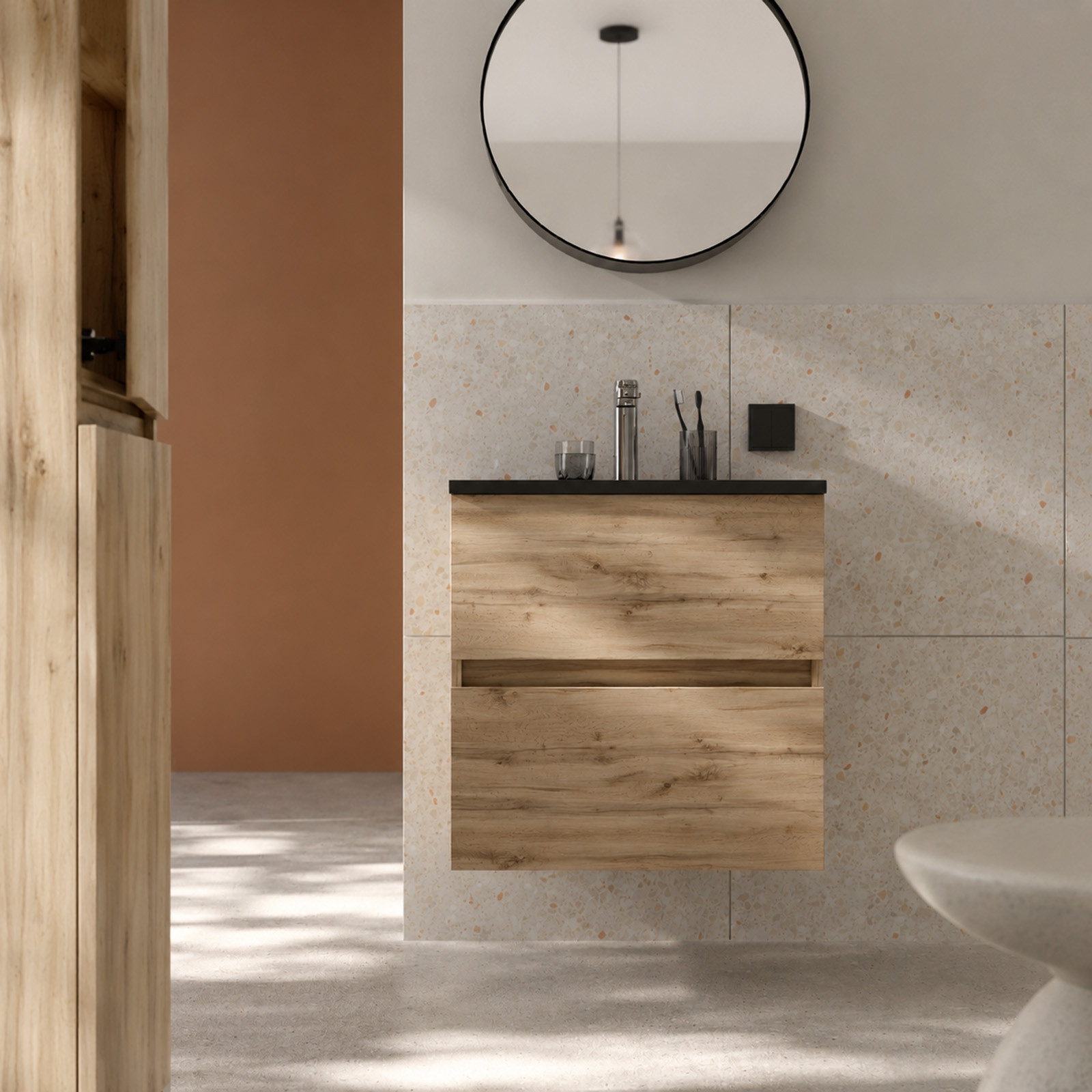 Pack Meuble Salle de Bains 50cm Chêne Naturel 2 Tiroirs avec Vasque Céramique Noire - TIMBER