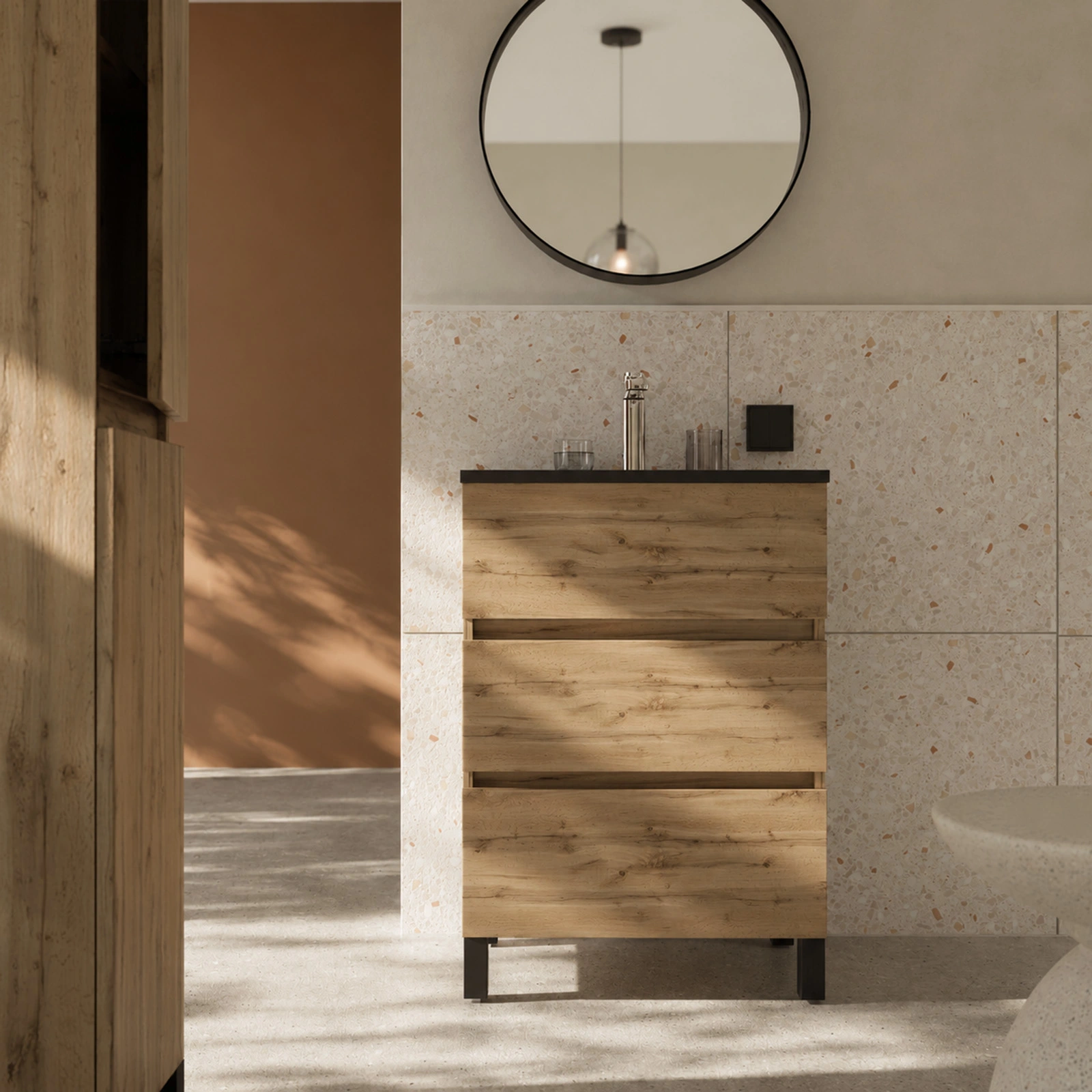 Pack Meuble Salle de Bains 50cm Chêne Naturel 3 Tiroirs avec Vasque Céramique Noire - TIMBER