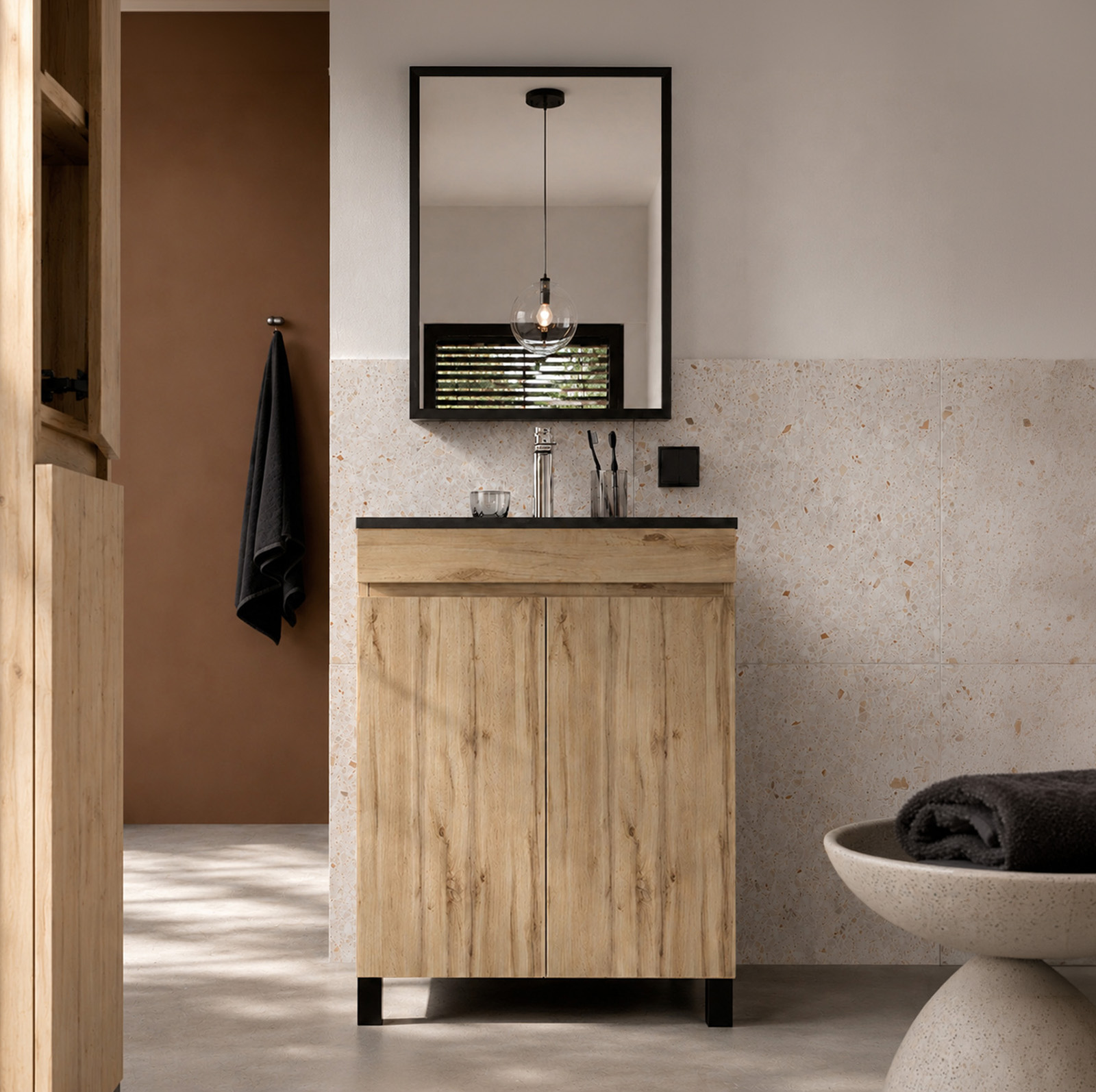 Pack Meuble Salle de Bains 50cm Chêne Naturel 2 Portes, Vasque Noire et Miroir 50x70 à Cadre Noir
