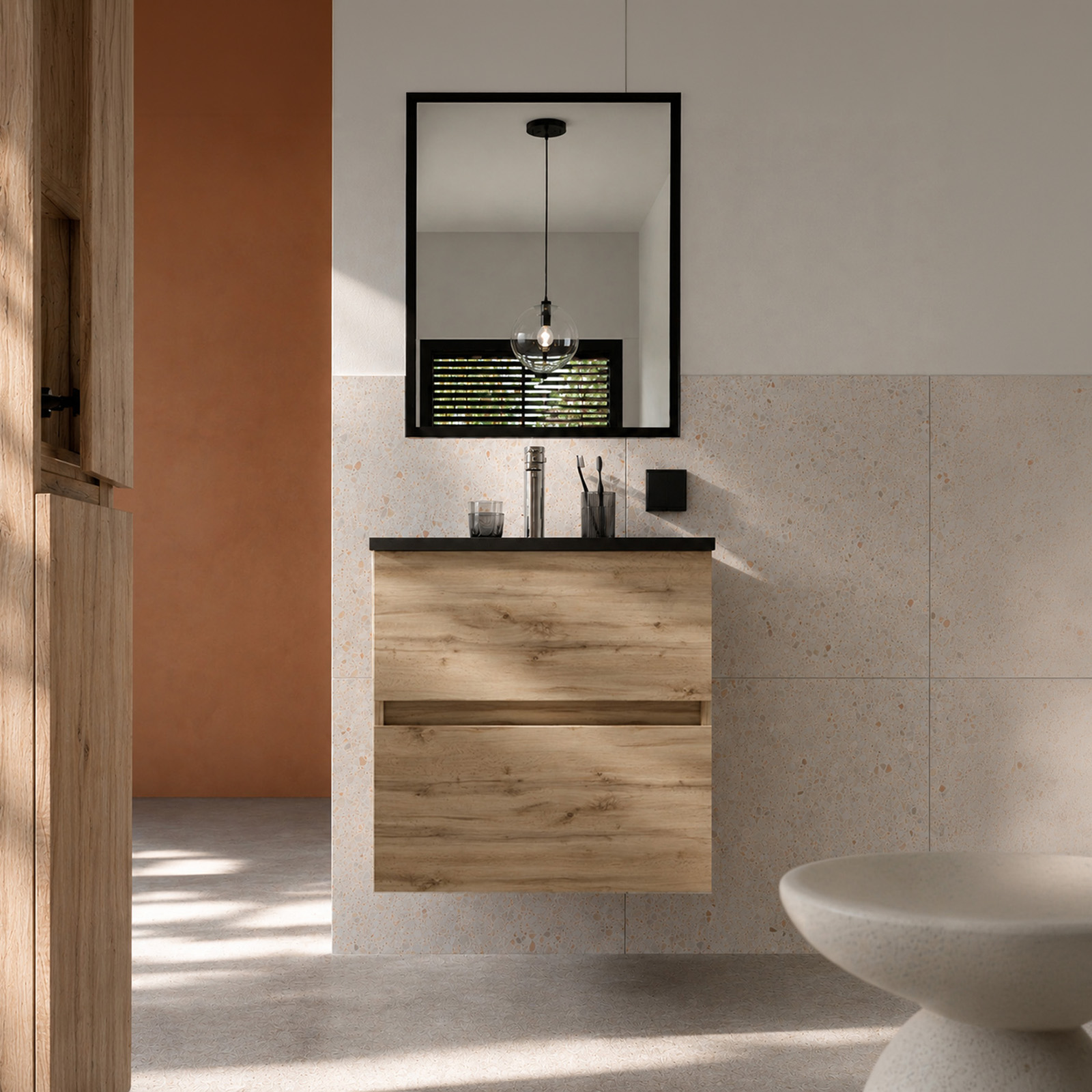 Pack Meuble Salle de Bains 50cm Chêne Naturel 2 Tiroirs, Vasque Noire et Miroir 50x70 à Cadre Noir