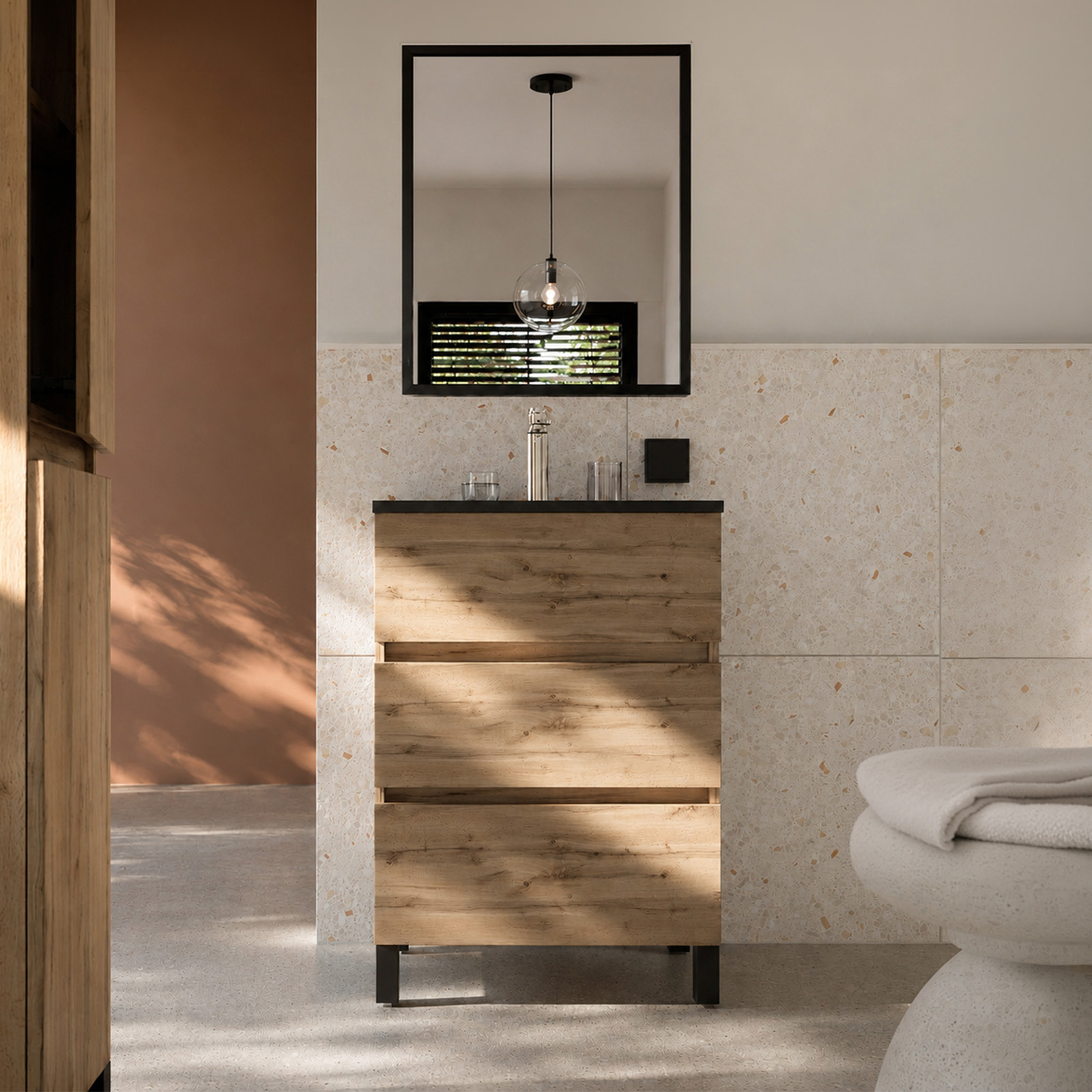Pack Meuble Salle de Bains 50cm Chêne Naturel 3 Tiroirs, Vasque Noire et Miroir 50x70 à Cadre Noir