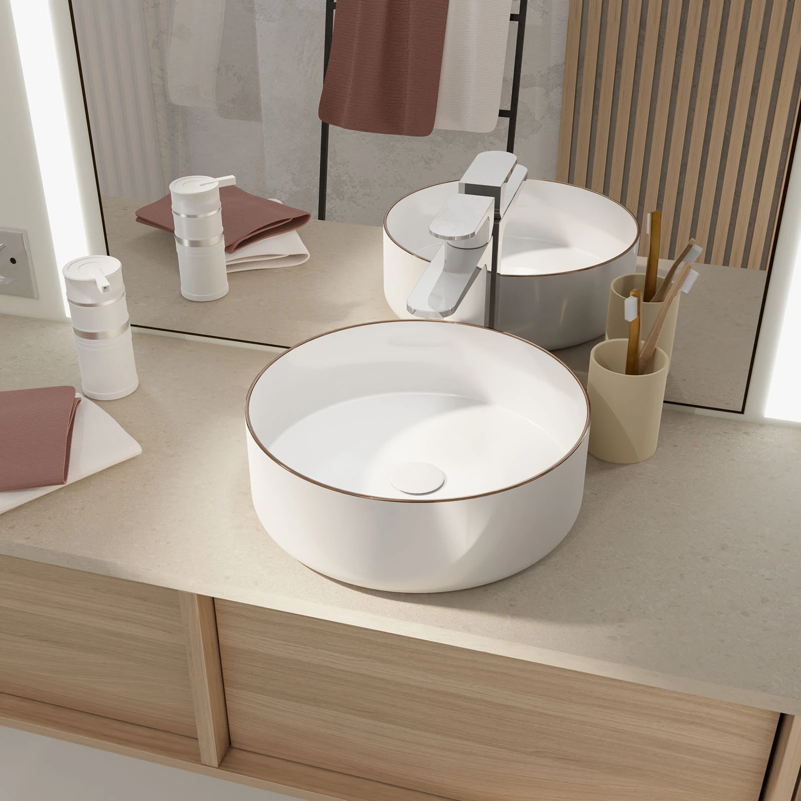 Vasque à poser ronde en céramique - Diamètre 36cm - Hauteur 12cm - Blanc et Liseré Or Rose