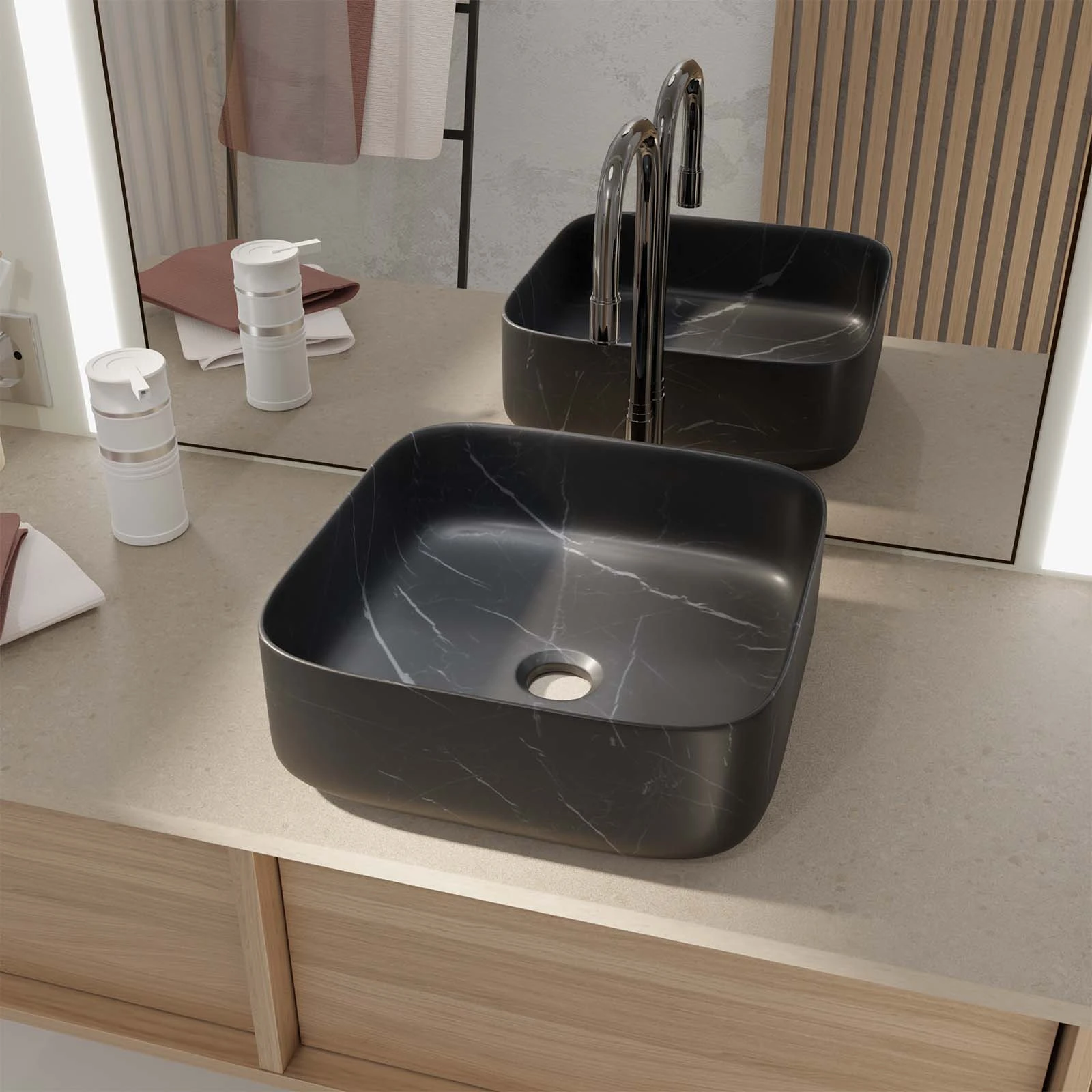 Vasque à poser carrée en céramique noire mat effet marbre 38x38x14 cm - BLACK MARBLE