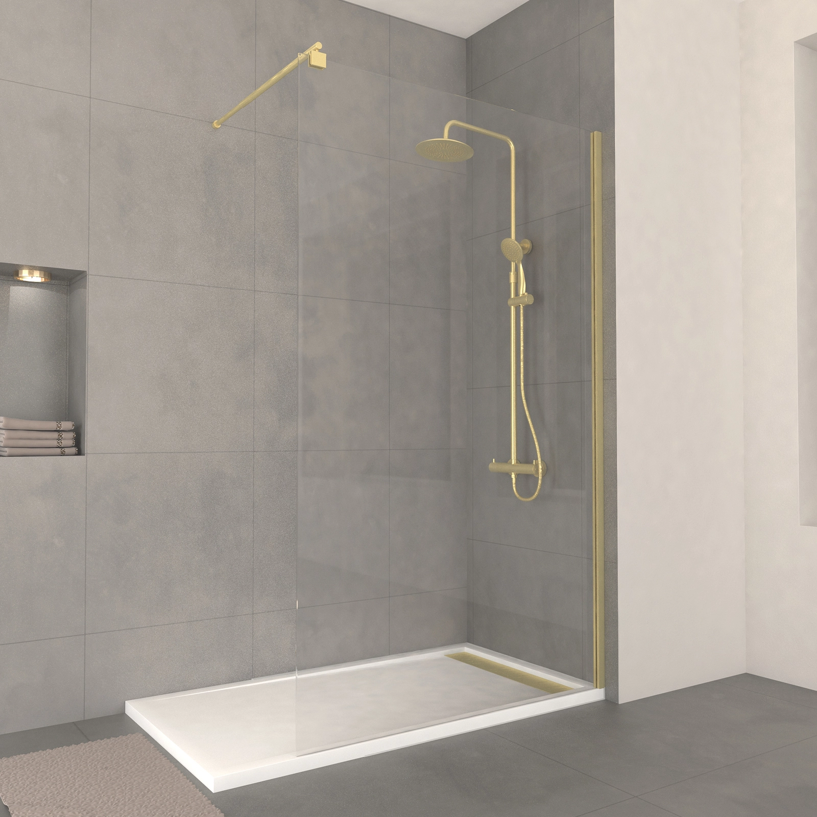 	Paroi de Douche 120x200cm Verre 8mm - Profilé + Barre extensible Finition Or Brossé - FREEDOM 2 GOLD