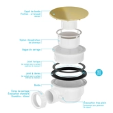 Bonde de Receveur Diamètre 90 mm - Capot Or Doré Brossé - Evacuation Horizontale