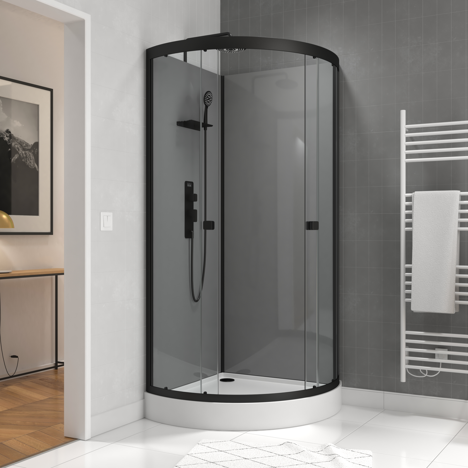 Cabine de douche 1/4 de cercle 90x90x215 cm - Fonds Gris Profilés Noir Mat - FOGGY Cabine de douche 1/4 de cercle 90x90x215 cm - Fonds Gris Profilés Noir Mat - FOGGY