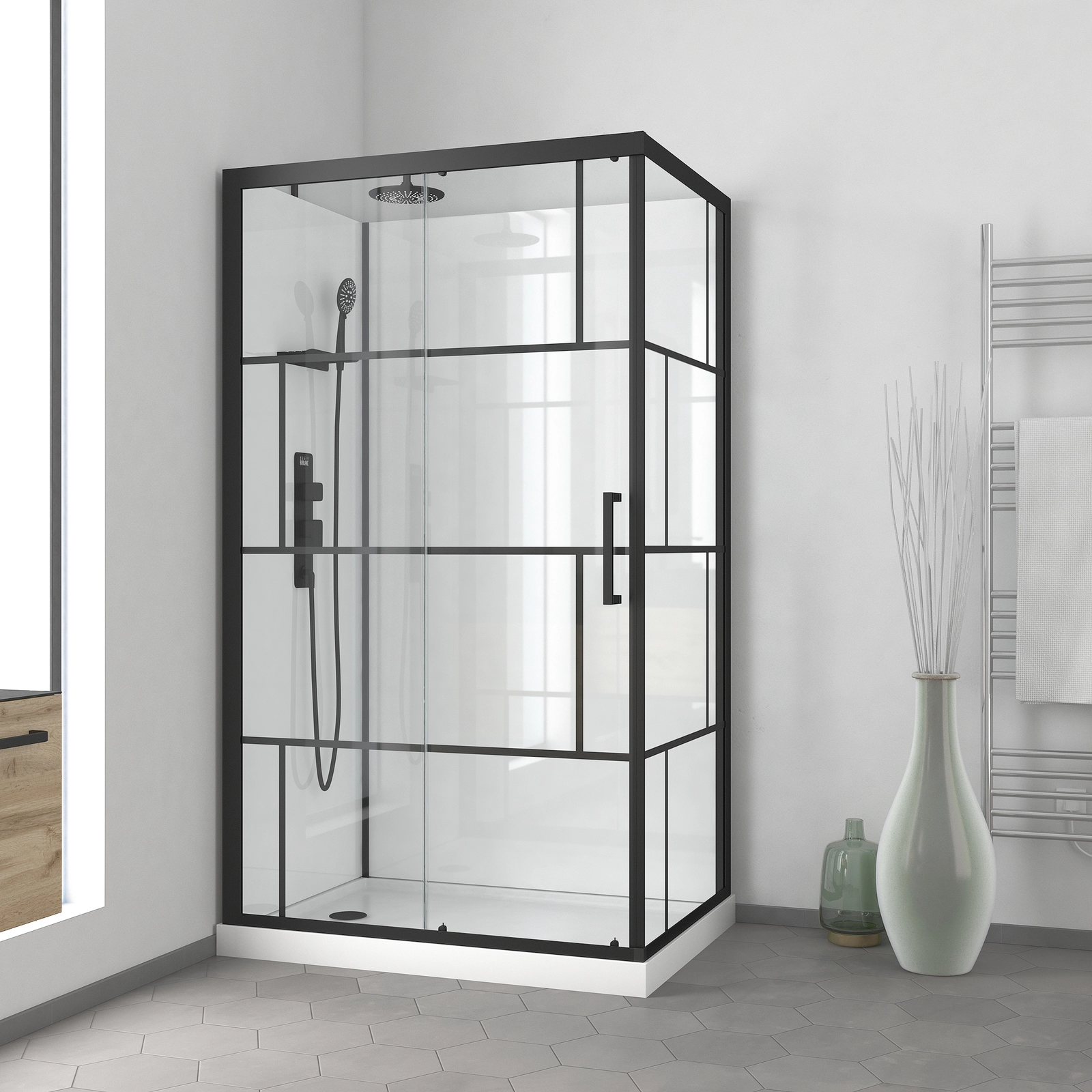 Cabine de douche 110x80cm / Receveur Bas - Verre transparent sérigraphié et Blanc - Profilés Noir Cabine de douche 110x80cm / Receveur Bas - Verre transparent sérigraphié et Blanc - Profilés Noir