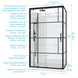 Cabine de douche 110x80cm / Receveur Bas - Verre transparent sérigraphié et Blanc - Profilés Noir