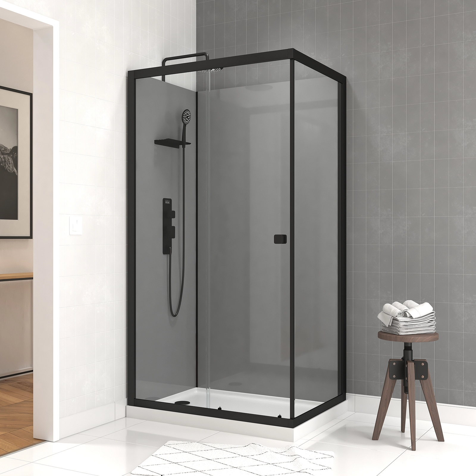 Cabine de douche 110x80x209 cm - Receveur bas - Fonds Gris Profilés Noir Mat - FOGGY LOW Cabine de douche 110x80x209 cm - Receveur bas - Fonds Gris Profilés Noir Mat - FOGGY LOW