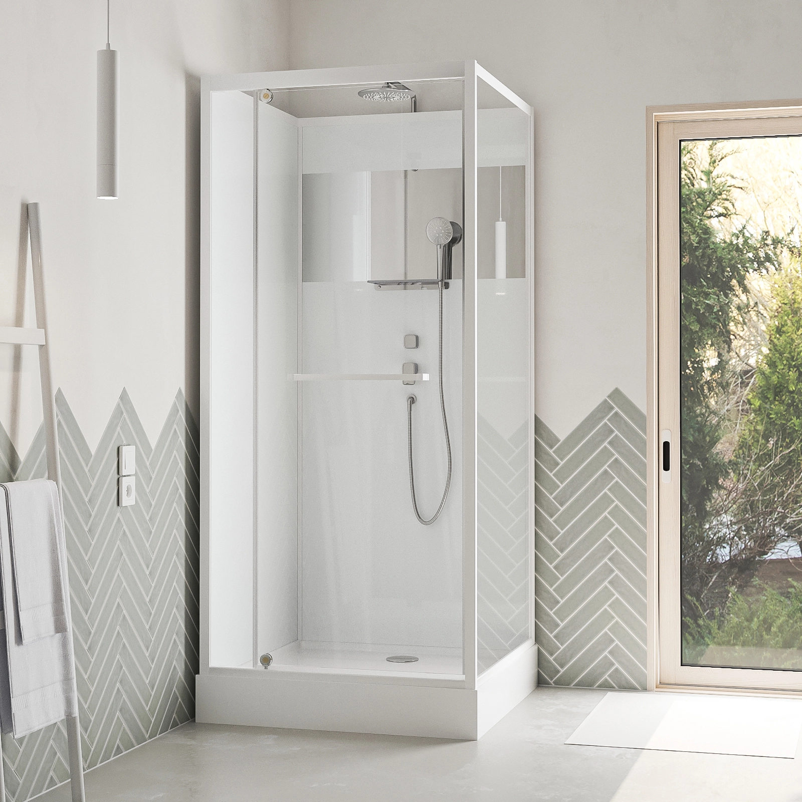 Cabine de douche blanche 90x90cm carr?e porte pivotante - avec bande effet miroir - SQUARE STRIPE Cabine de douche blanche 90x90cm carr?e porte pivotante - avec bande effet miroir - SQUARE STRIPE