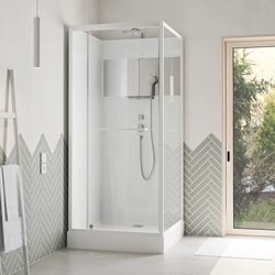 Cabine de douche blanche 90x90cm carr?e porte pivotante - avec bande effet miroir - SQUARE STRIPE