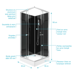 Cabine de douche carrée 80x80x195 - Portes coulissantes en verre trempé 5mm - SQUARY BLACK 2