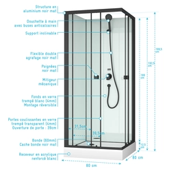 Cabine de douche carrée 80x80x200 cm - Portes coulissantes - Fonds Blancs & Profilés Noir Mat