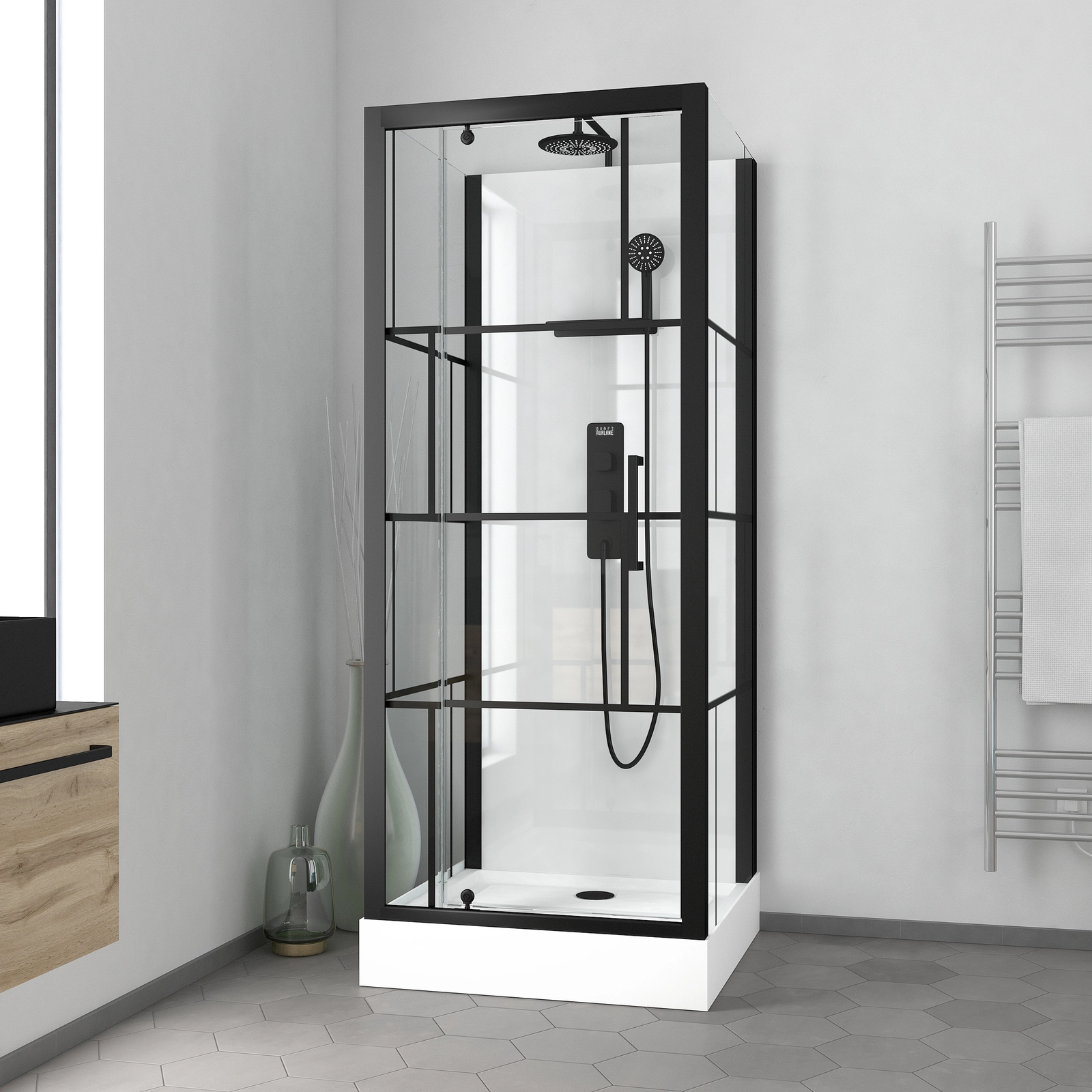 Cabine de douche Carrée 80x80x213 cm - Porte pivotante - Fond Blanc et Profilés Noir Mat - RUBIQ