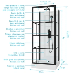 Cabine de douche Carrée 80x80x213 cm - Porte pivotante - Fond Blanc et Profilés Noir Mat - RUBIQ