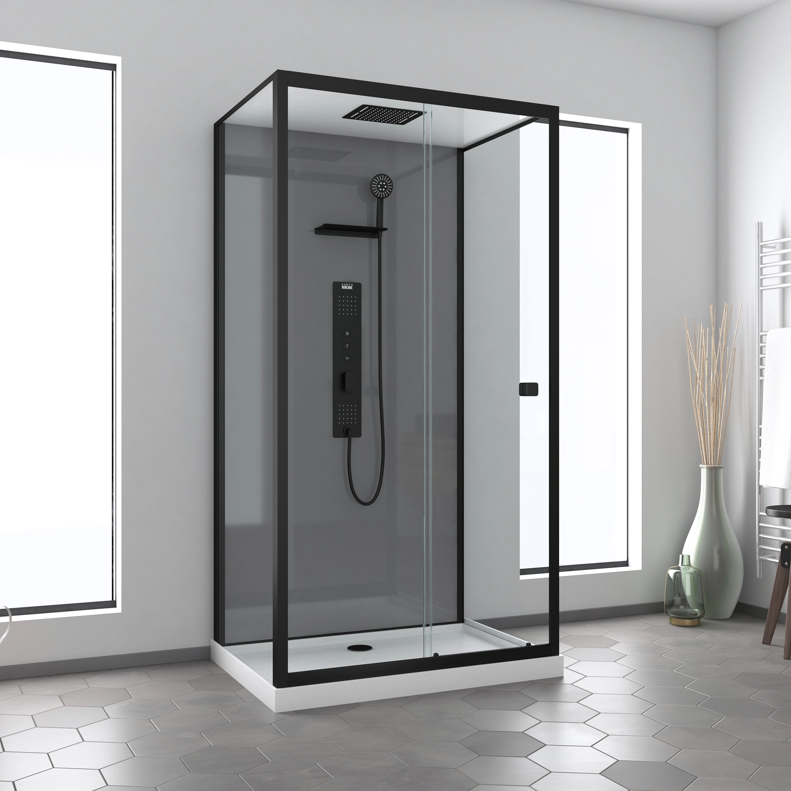 Cabine de douche Hydromassante 110x80 Receveur Bas - Fond Gris et Profilés Noir Mat - GREY STYLE LOW