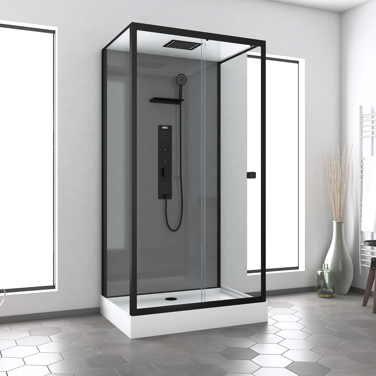 Cabine de douche Hydromassante 110x80x215 cm - Fond Gris et Profilés Noir Mat - GREY STYLE Cabine de douche Hydromassante 110x80x215 cm - Fond Gris et Profilés Noir Mat - GREY STYLE