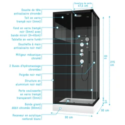 Cabine de douche Hydromassante 90x90x215 cm - Fond Noir avec Bande Miroir - WEB MIRROR