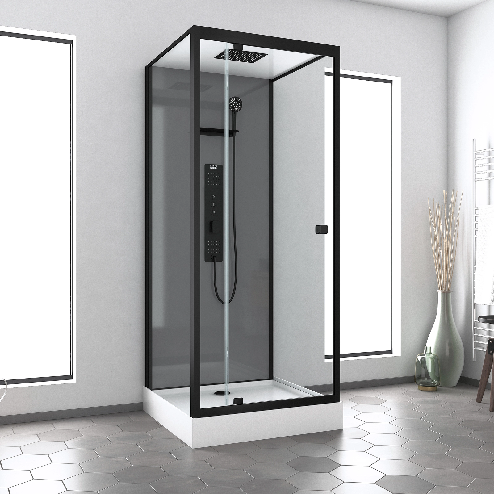 Cabine de douche Hydromassante 90x90x215 cm - Fonds Gris et Profilés Noir Mat - GREY STYLE