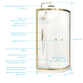 Cabine de douche Quart de cercle - Receveur Bas - Fonds Blancs et Profilés Or Brossé - SUNNY