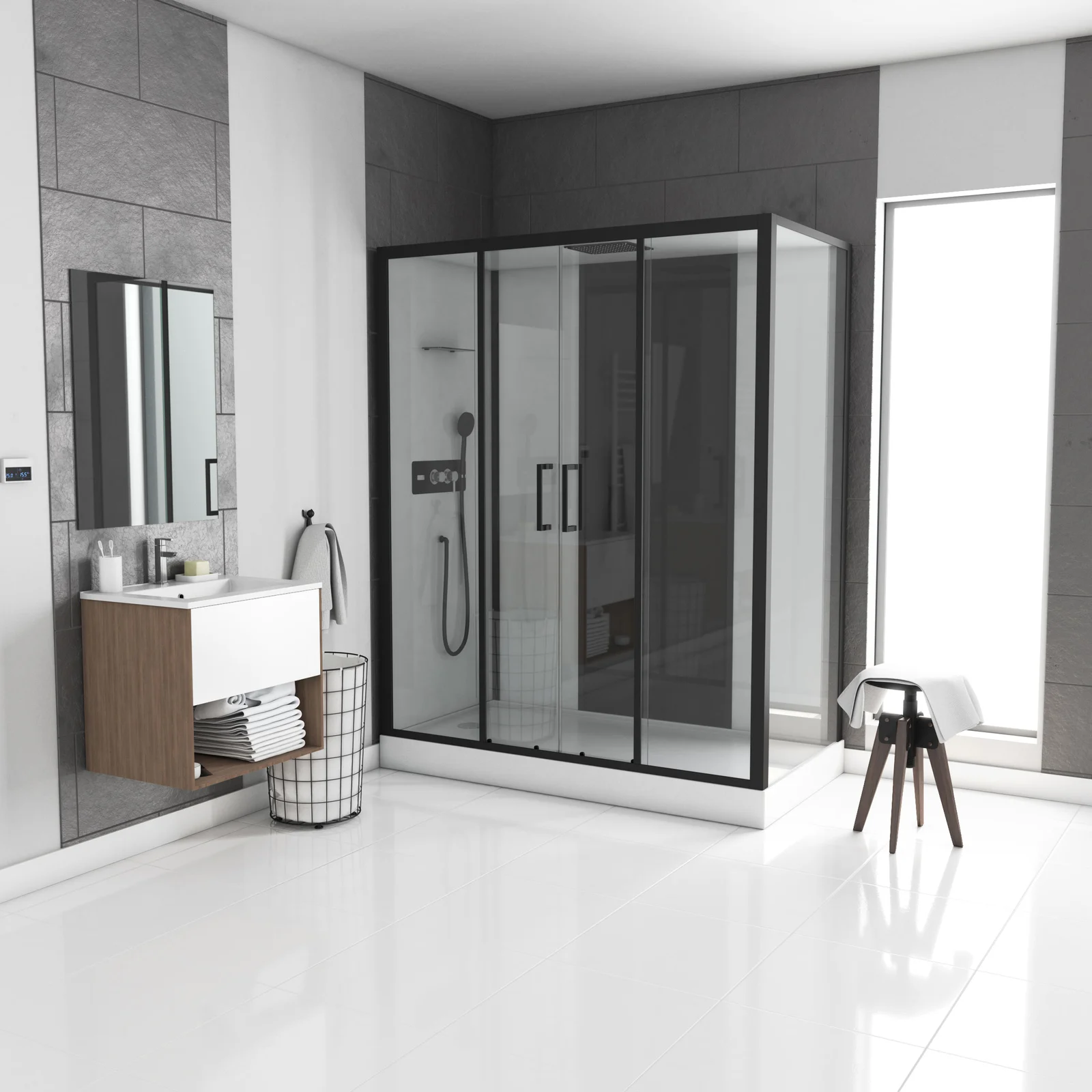 Cabine de douche rectangle 170x90x215cm- blanche avec profile noir mat a receveur haut INFINITY HIGH